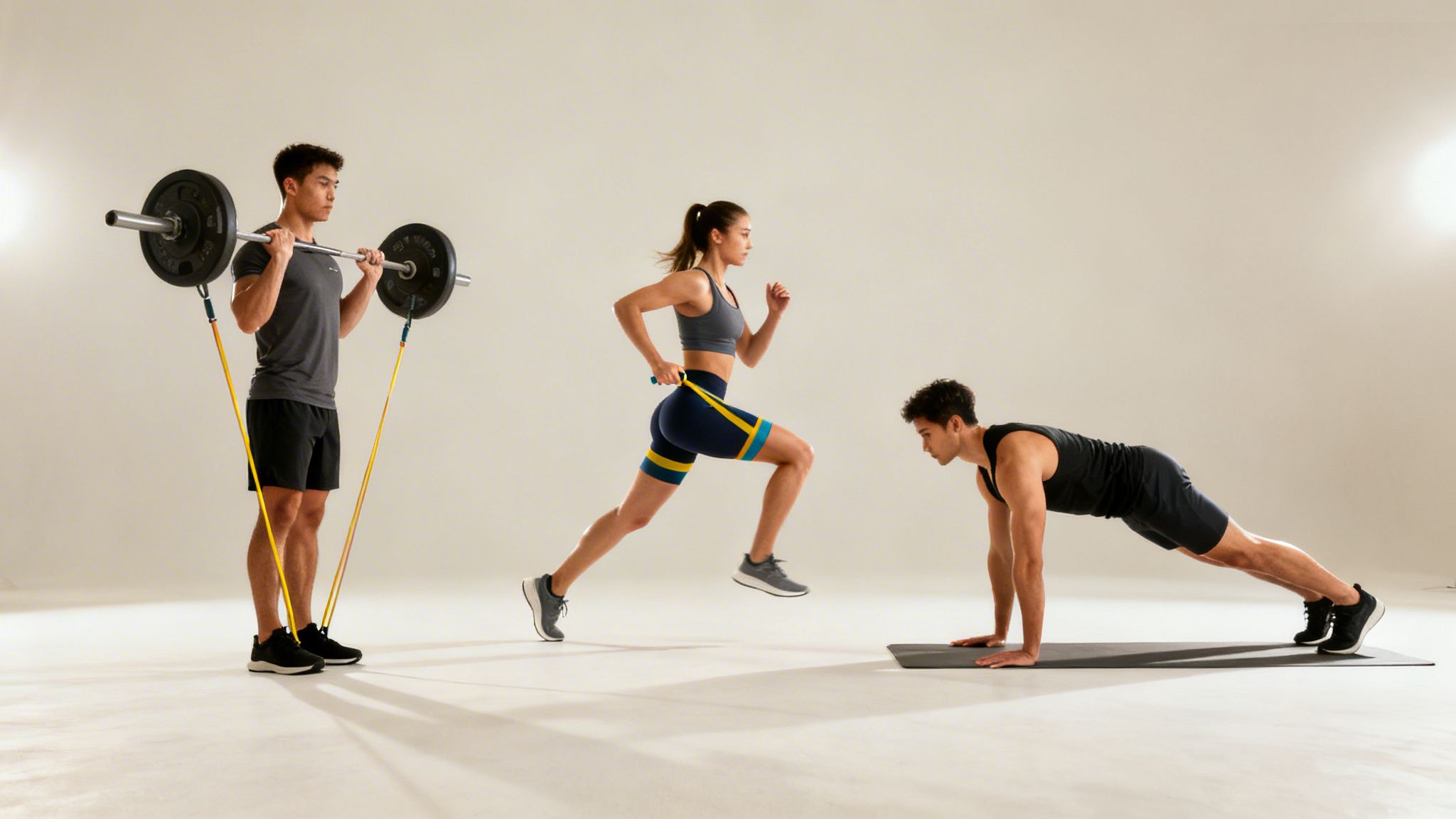 Three young adults perform diverse fitness exercises, including barbell squats, running with bands, and plank.