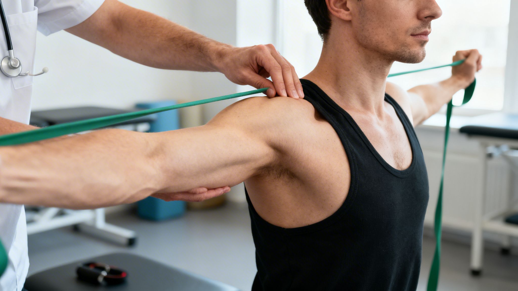 A physical therapist assists a man with shoulder exercises using a green resistance band.