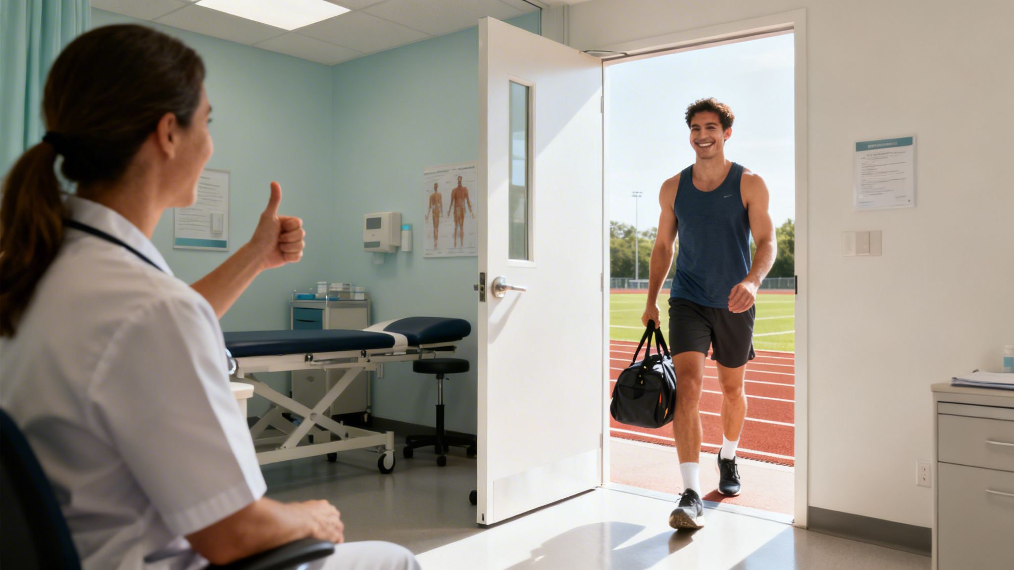 Doctor gives thumbs up to an athlete entering a clinic from a track, symbolizing recovery.