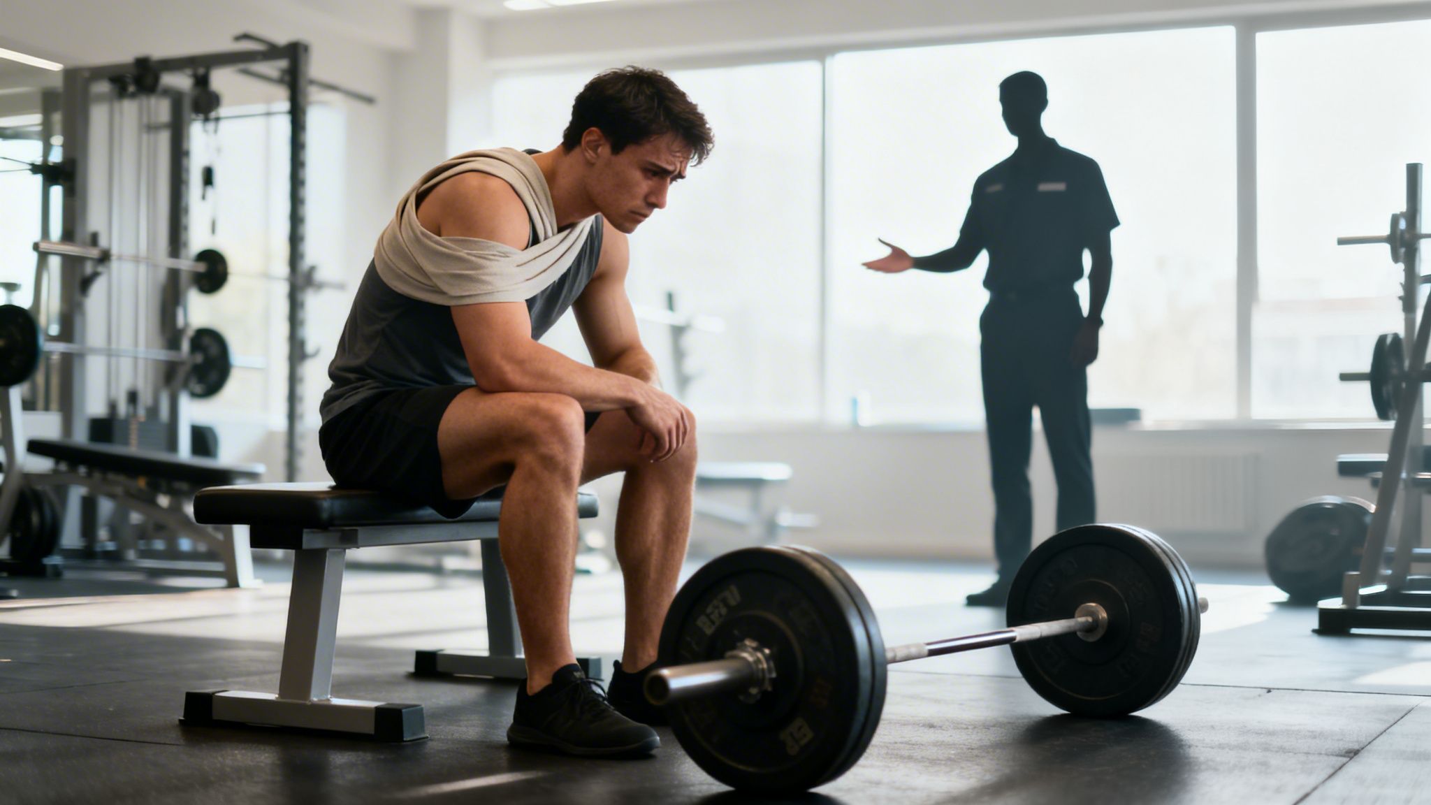 A tired man sits on a bench in a gym, looking down, next to a barbell. A shadowy figure stands in the background.