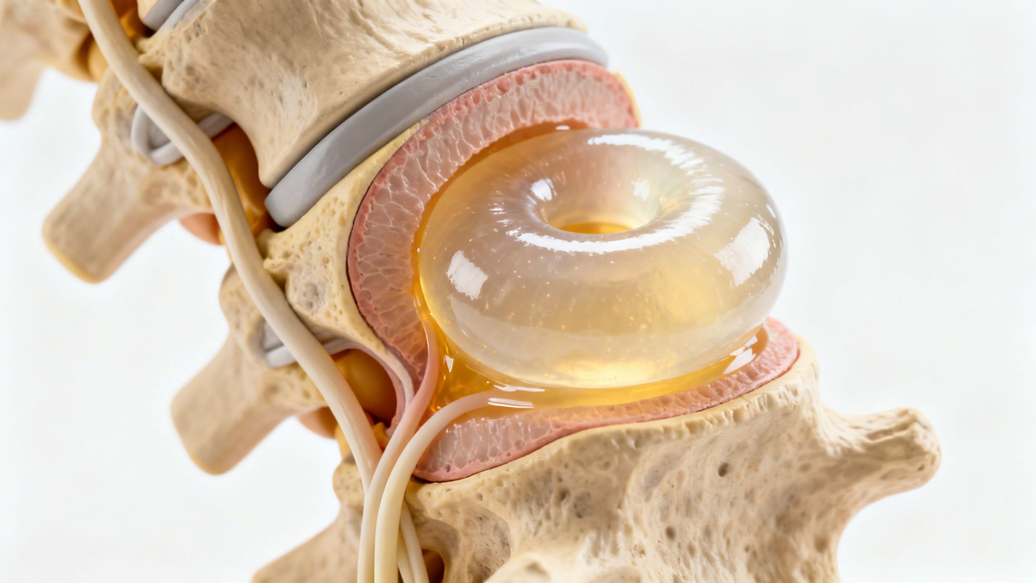Detailed anatomical model of a lumbar spine with a visible lumbar herniated disc compressing a nerve.