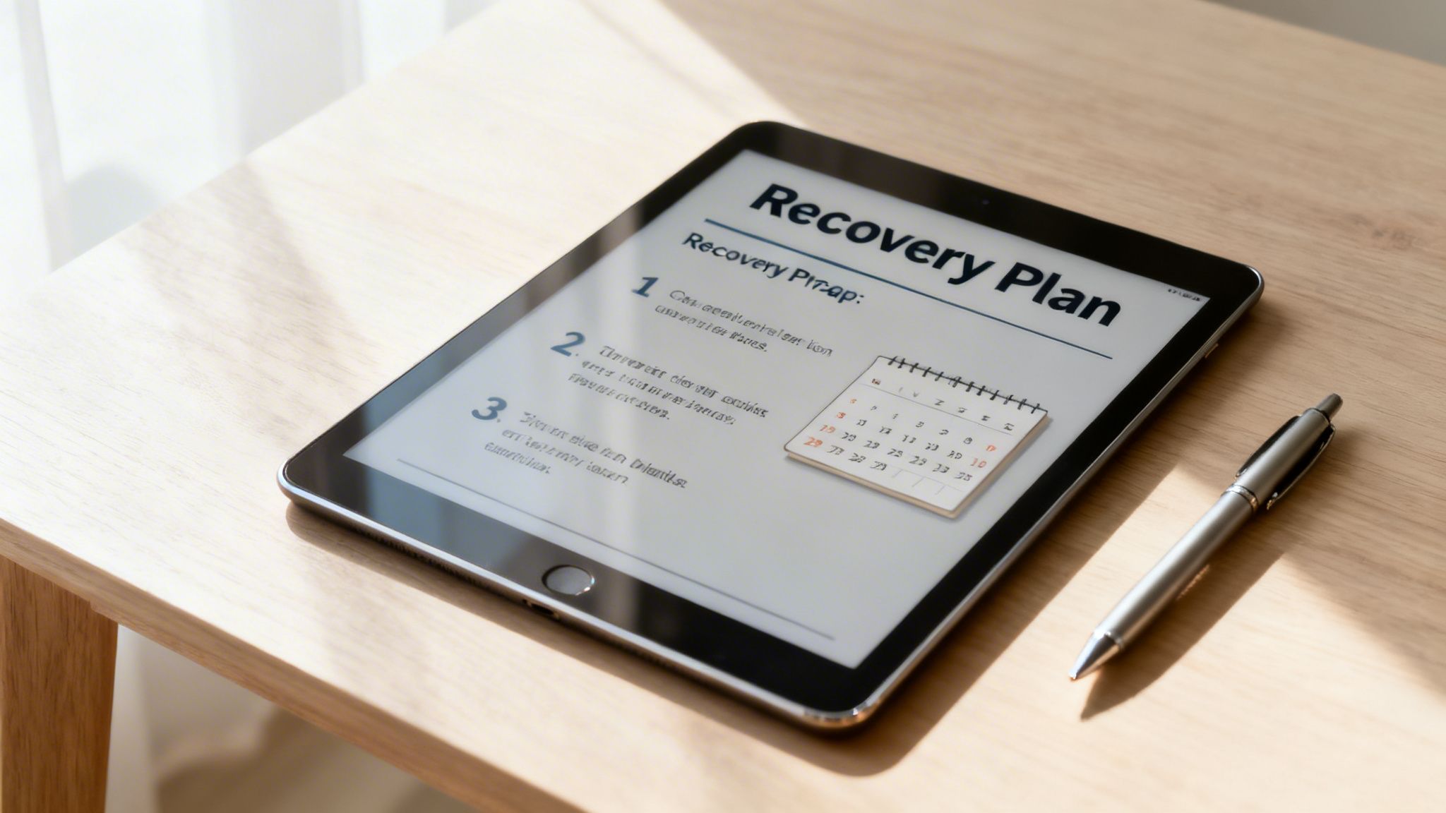 A tablet displaying a 'Recovery Plan' document and a pen resting on a light wooden table.