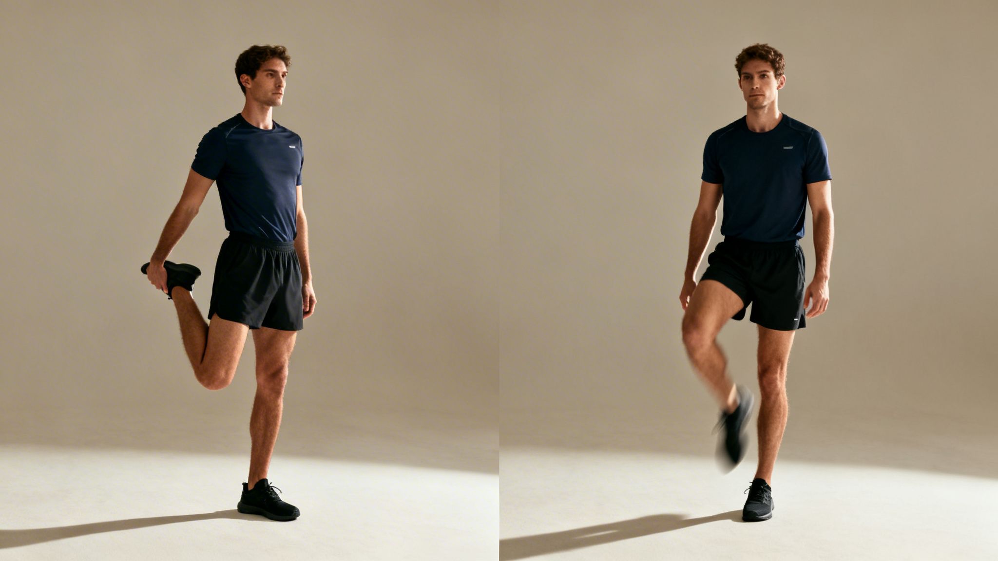 A man demonstrates two dynamic stretching exercises, a quadriceps stretch and a leg lift.