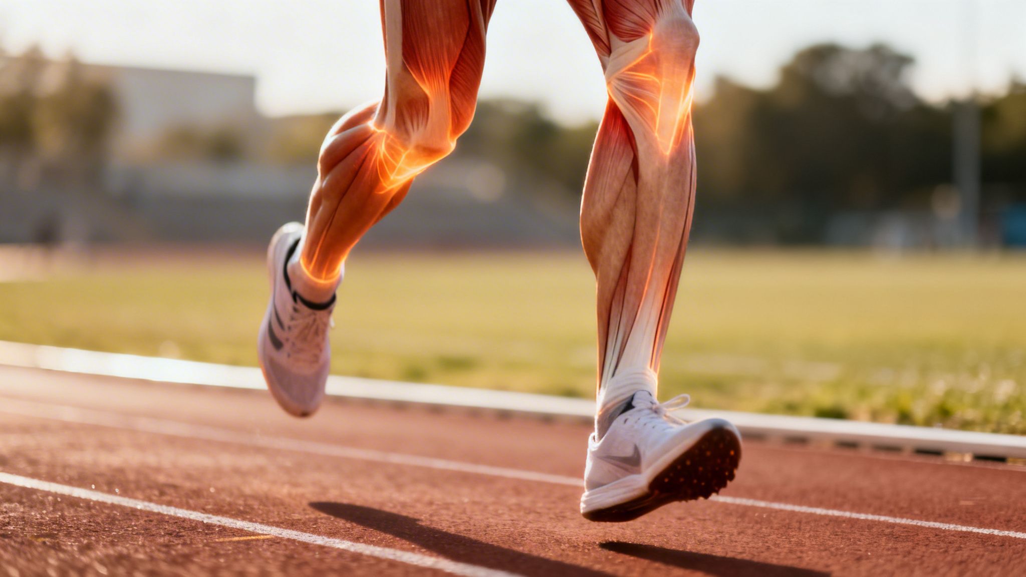 Close-up of a runner's legs with visible glowing muscles in motion on a track.