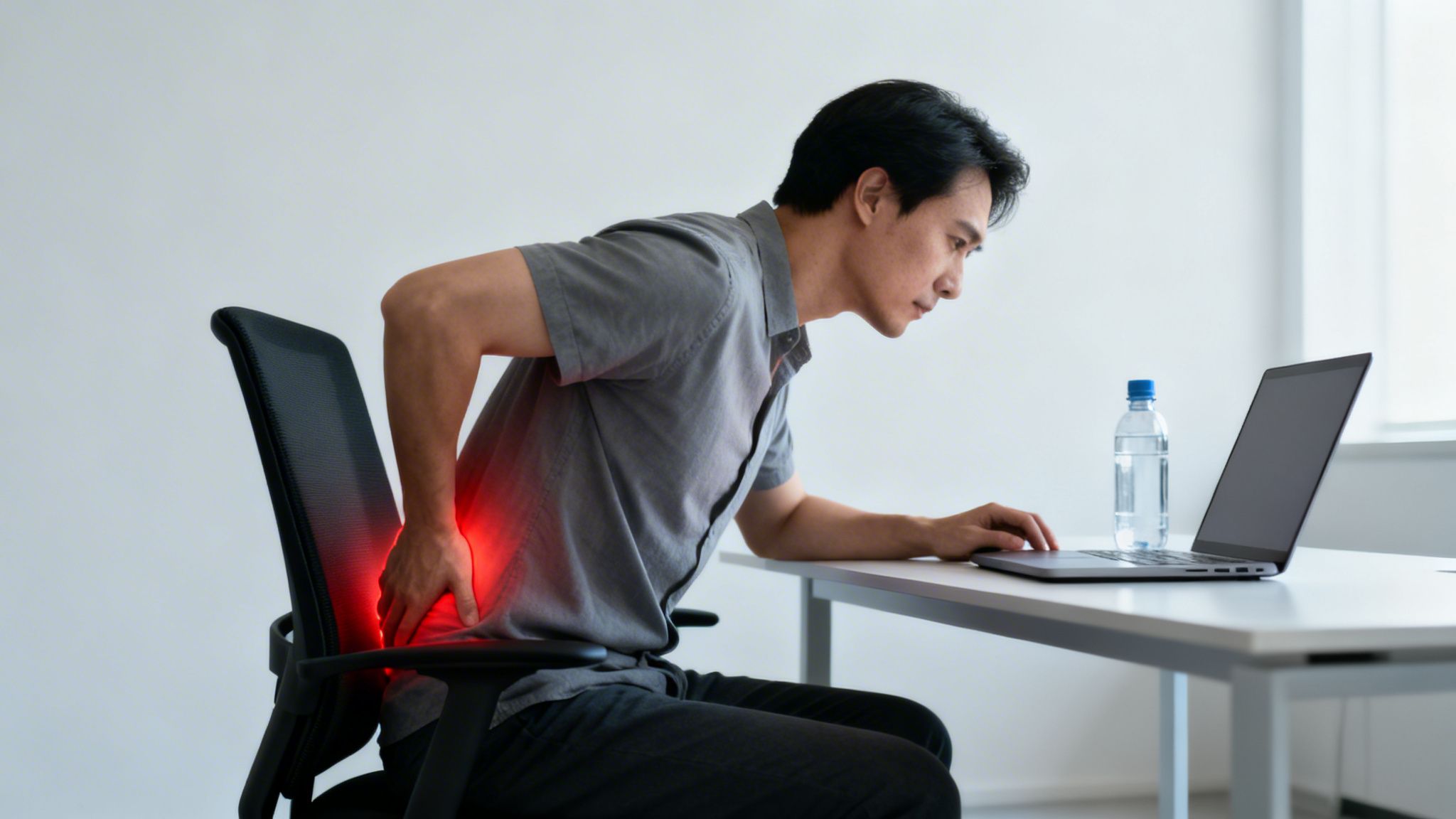 Asian man suffering from lower back pain while working on a laptop, highlighting poor ergonomics.