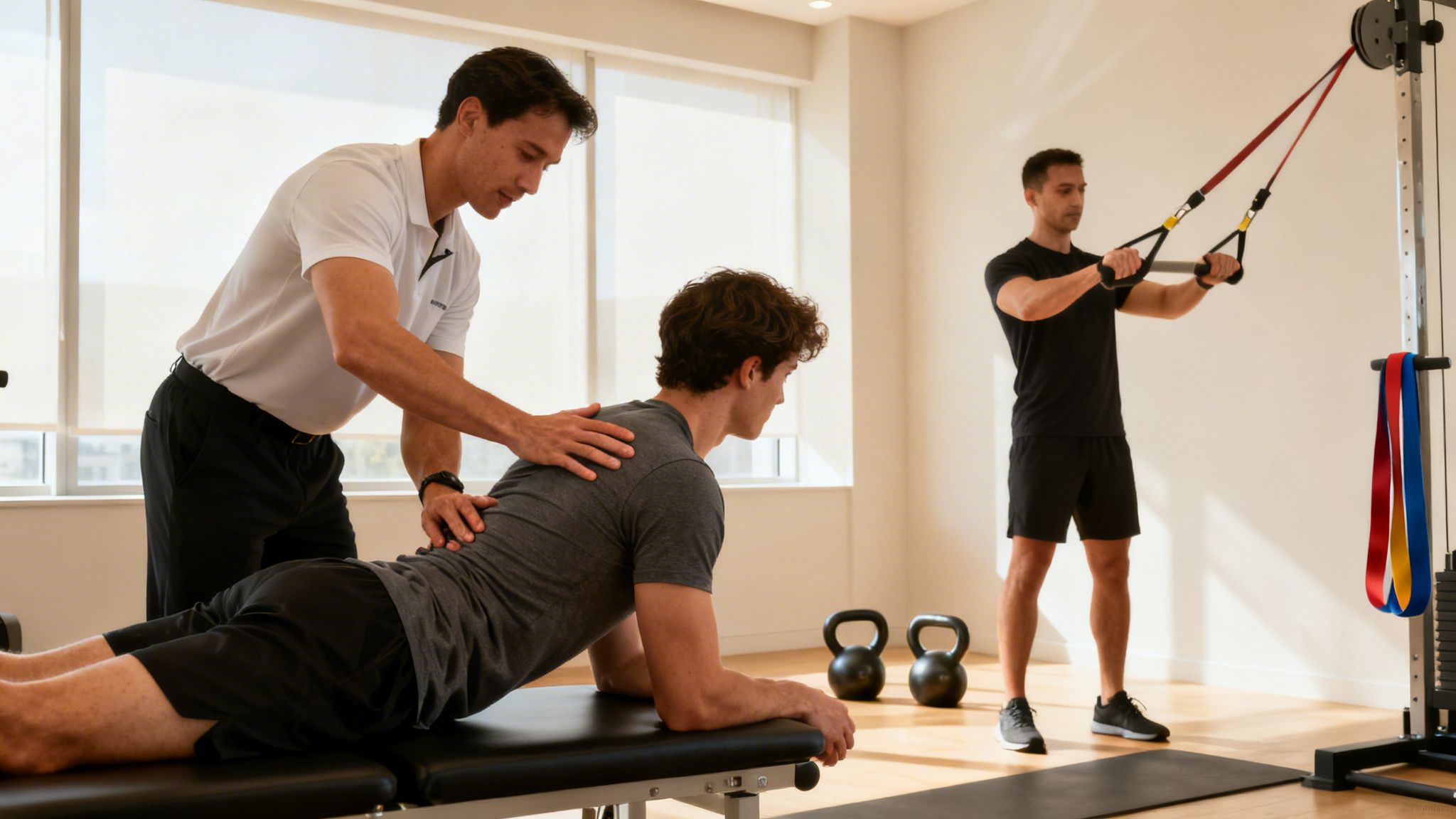 Physical therapist guiding a man in a back exercise, another man uses suspension trainers.