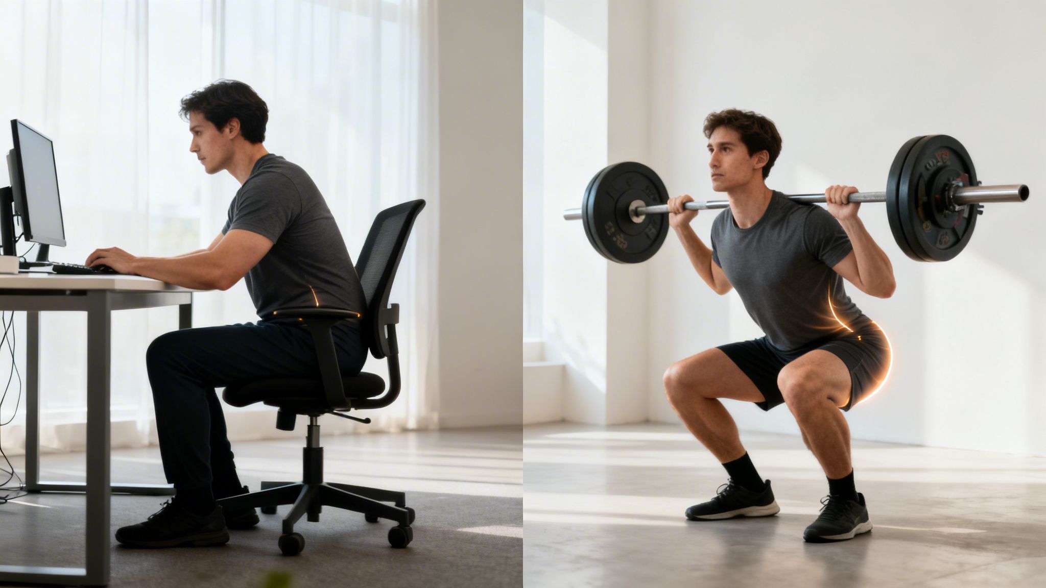 Man sitting at a desk with a highlighted lower back, contrasting with him squatting with a barbell.