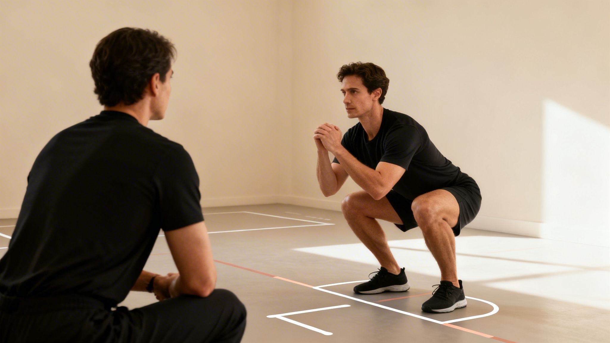 Two men in black activewear performing a squat exercise in a bright gym setting.
