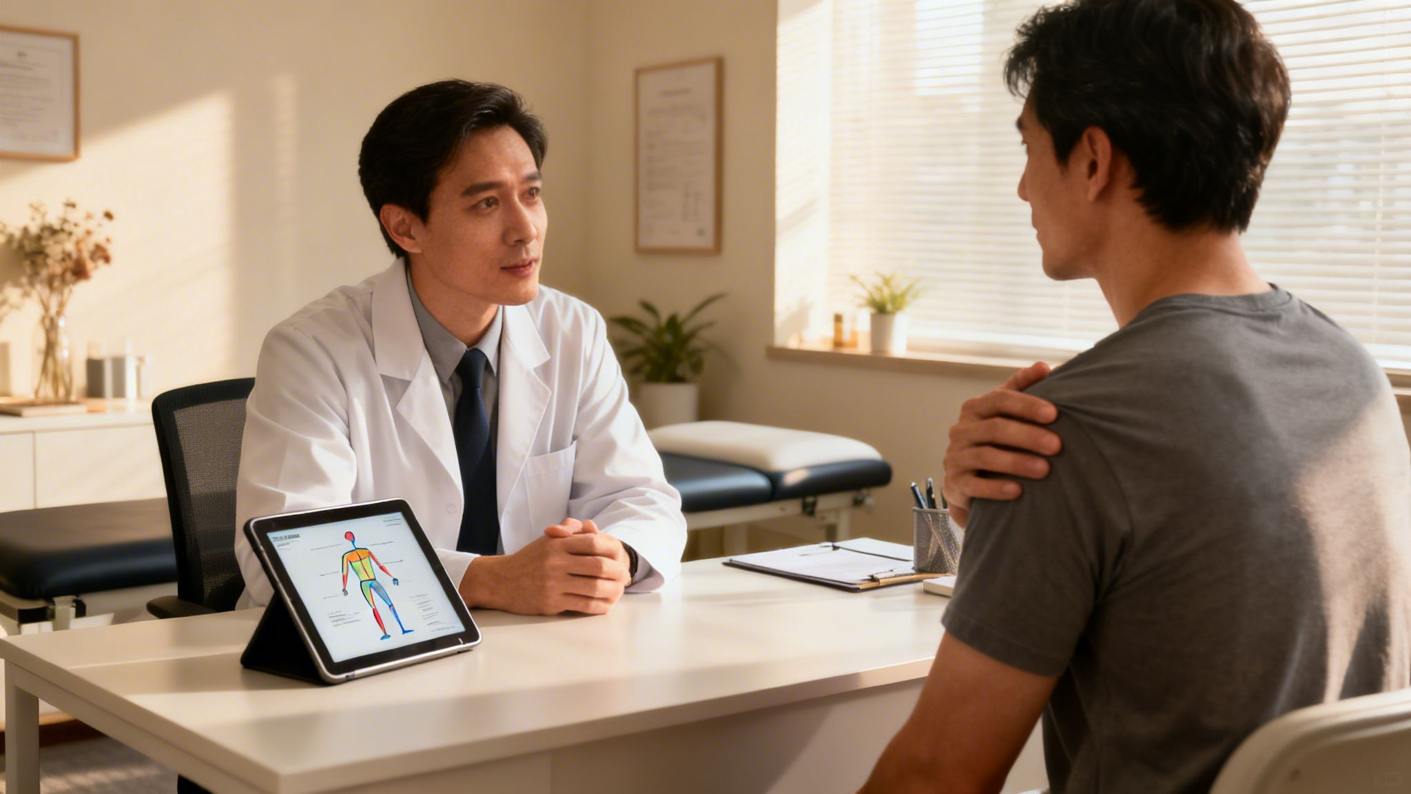 Male doctor consults with a patient about body pain shown on a digital tablet in a clinic.