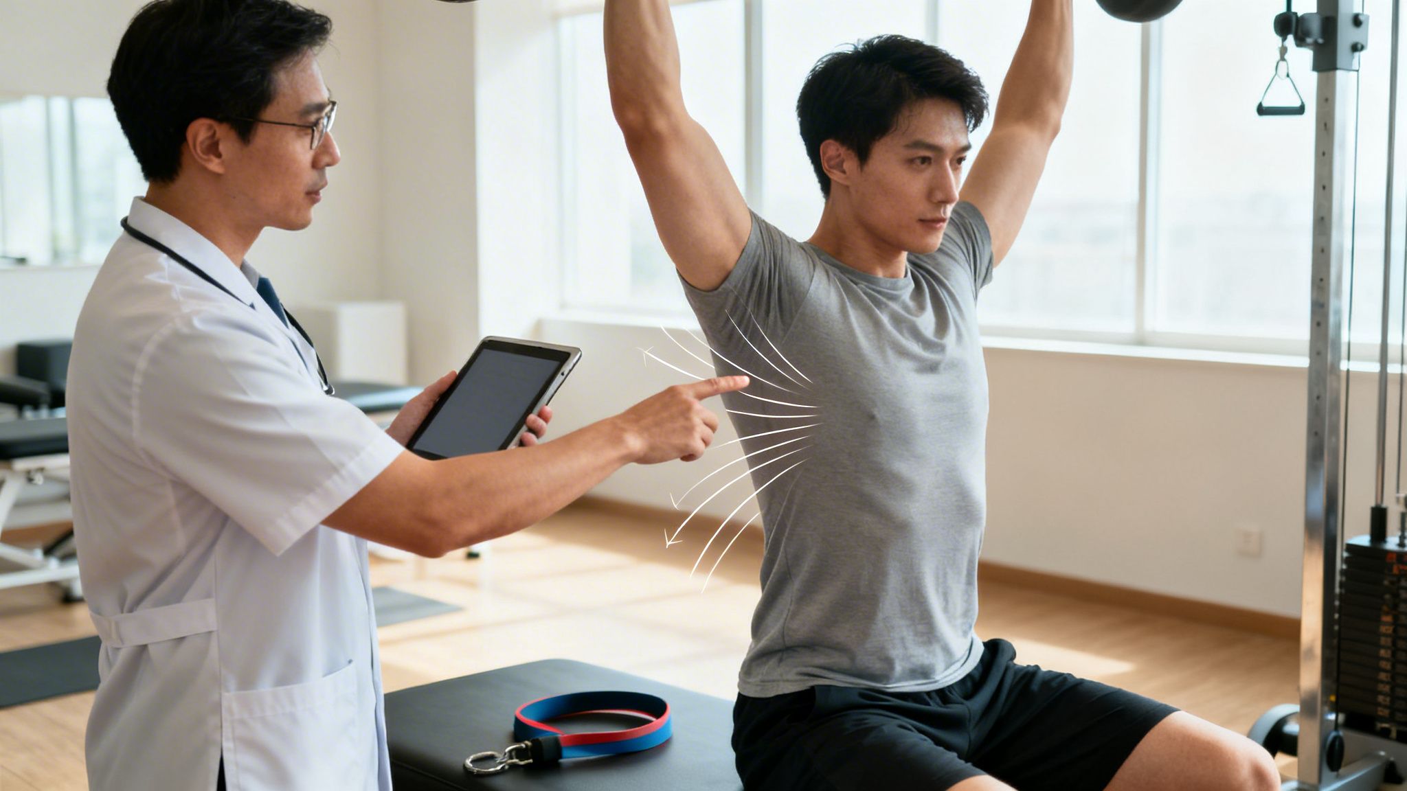 A chiropractor instructs a male patient doing overhead exercises, pointing to his core area.