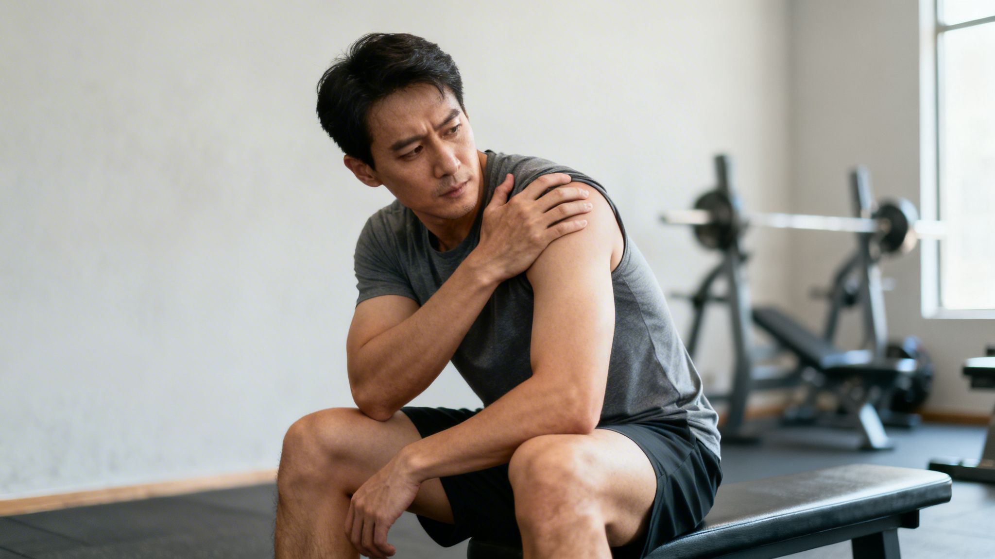 An Asian man sitting on a gym bench, holding his shoulder in pain, possibly due to injury.