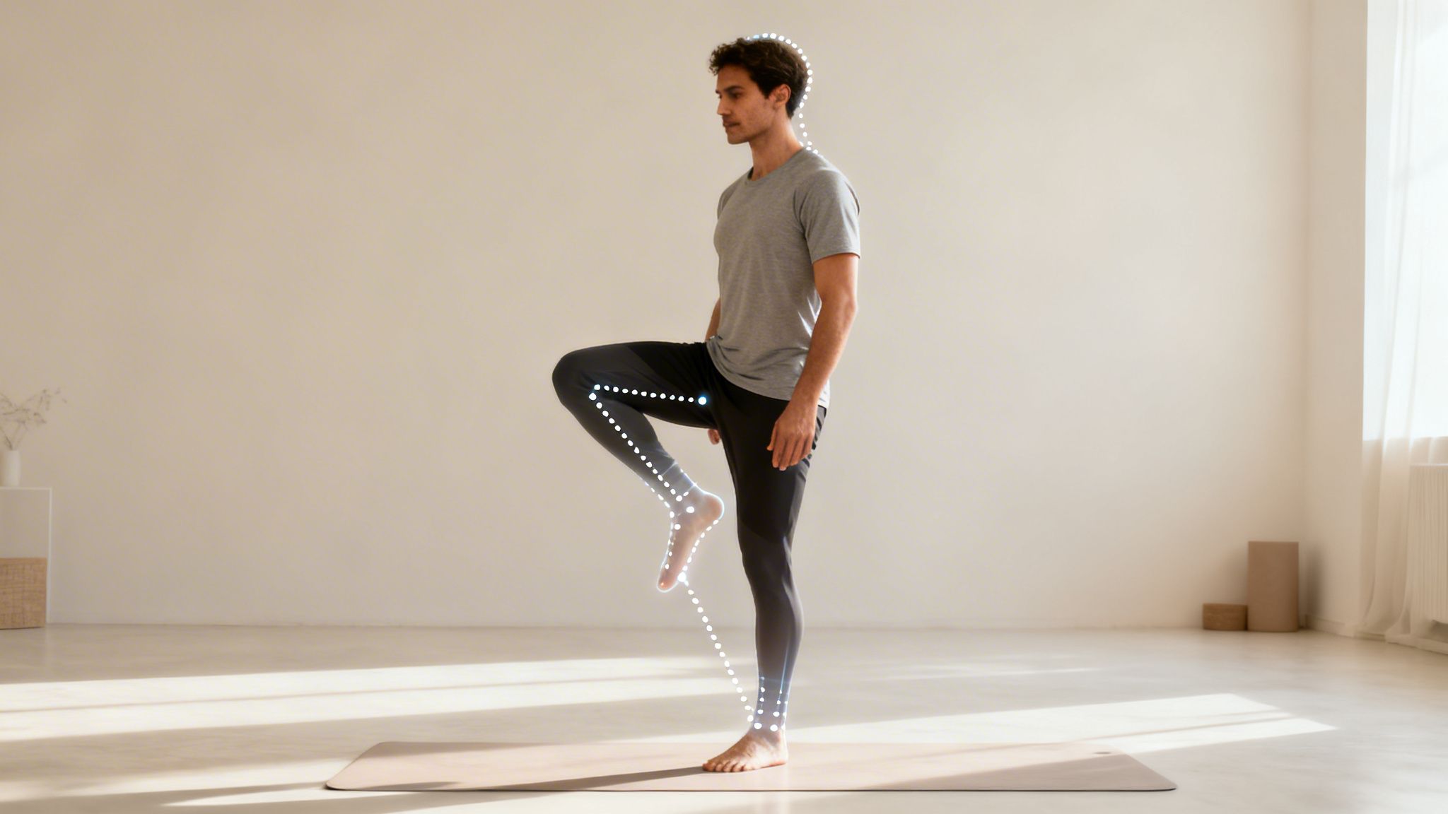 A man in a grey t-shirt and dark pants balances on one leg on a yoga mat, highlighted with dotted lines.