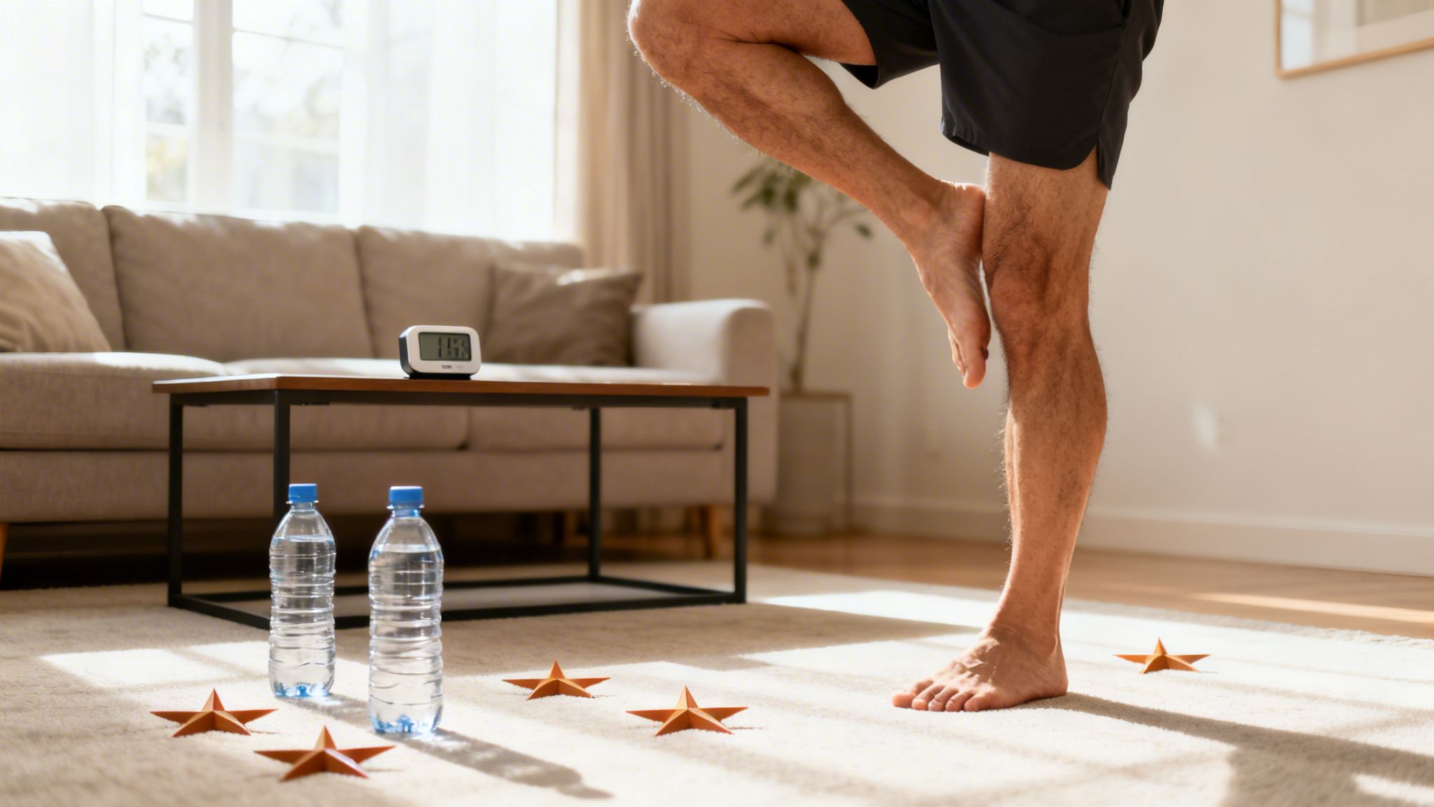 A person stands on one leg, balancing in a sunlit living room with water bottles and decorative stars nearby.