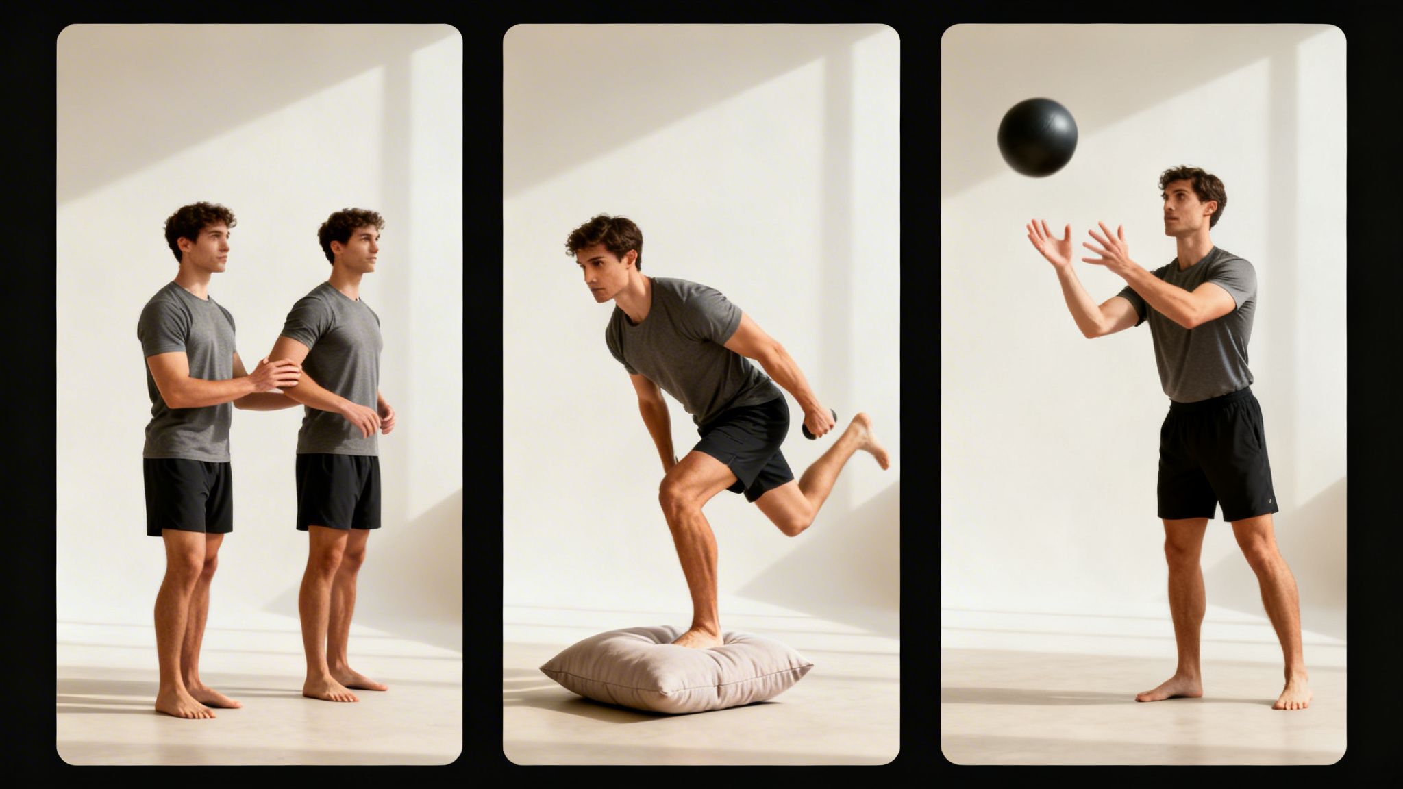 A man performs a sequence of balance and coordination exercises: arm stretches, balancing on a cushion, and catching a medicine ball.
