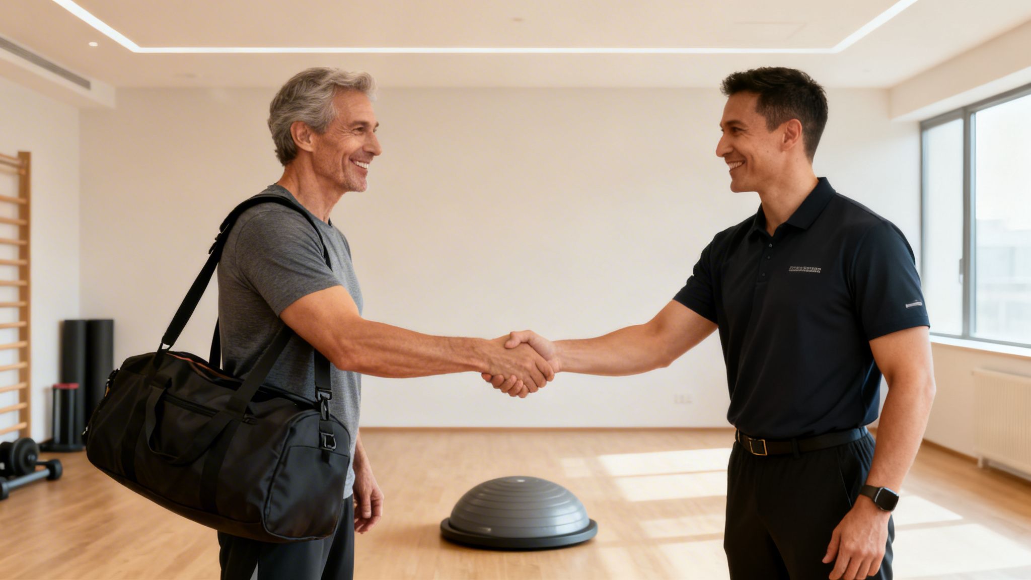 A senior man with a gym bag shakes hands with a personal trainer in a modern fitness studio.