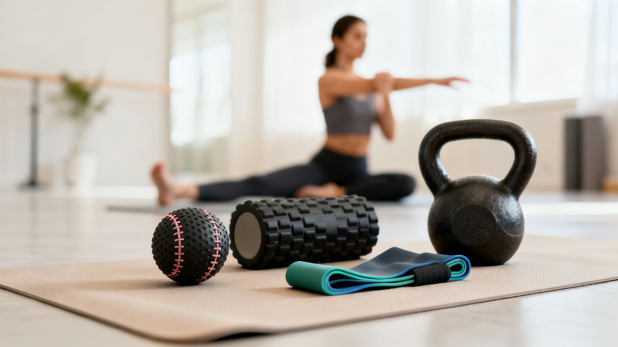 Fitness equipment including a kettlebell, foam roller, massage ball, and resistance bands on a mat, with a woman stretching in the background.