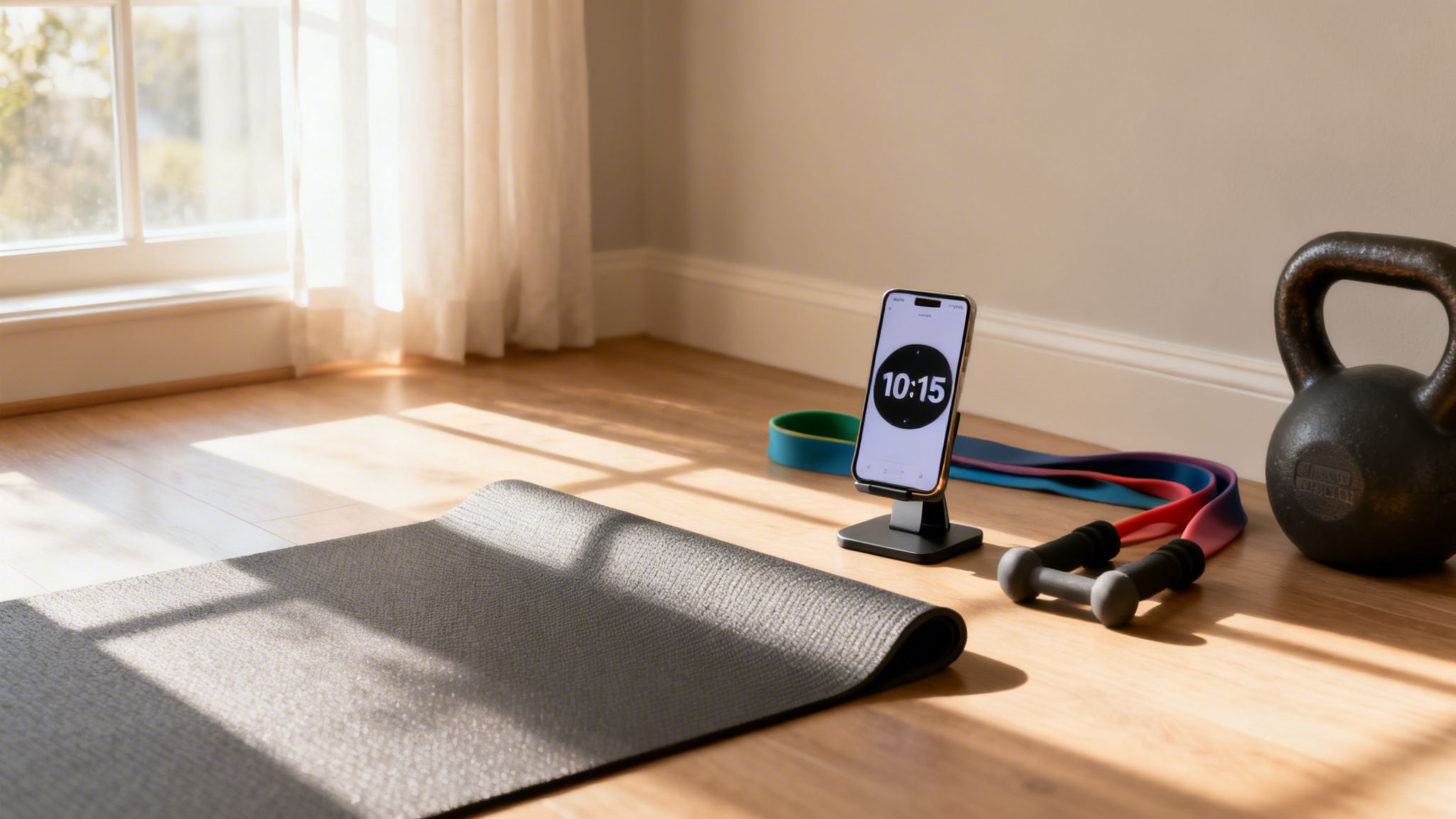 A home gym setup with workout mat, phone timer, resistance bands, and kettlebell by a sunny window.