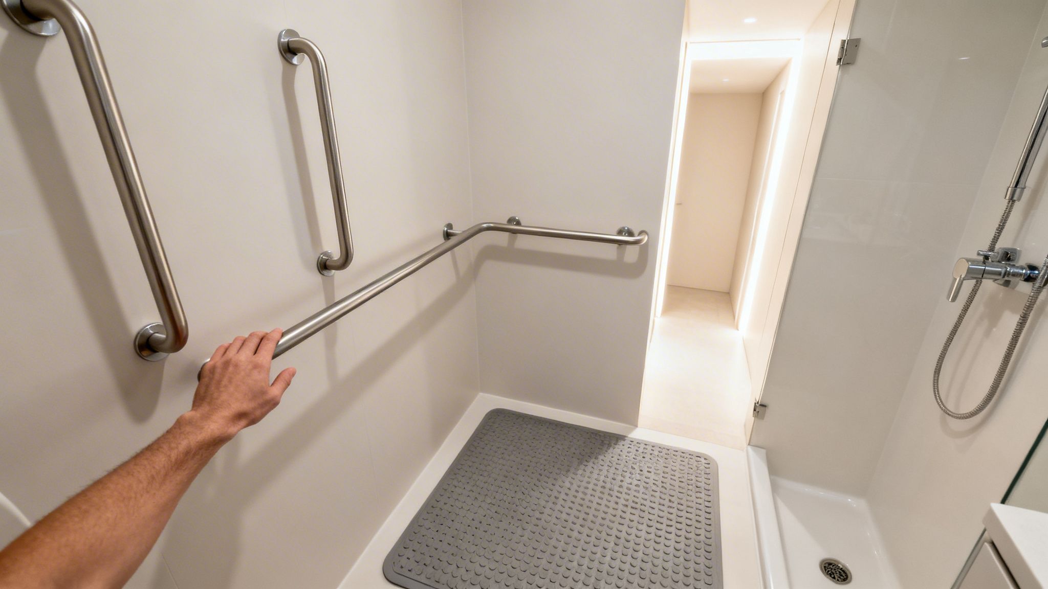 A hand holding a safety grab bar in a modern, accessible shower with a non-slip mat.