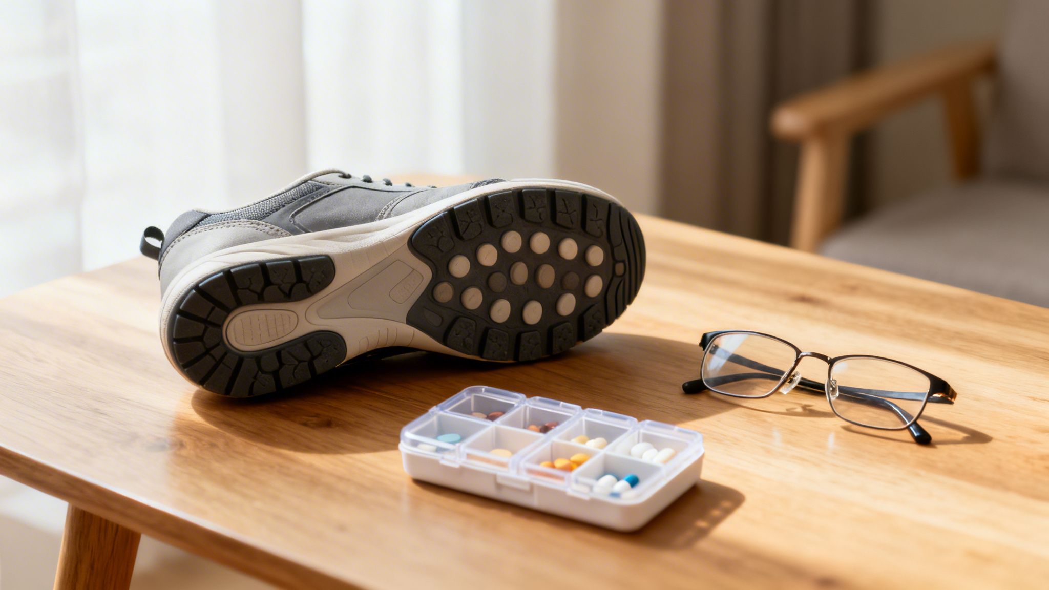 A grey athletic shoe, a pill organizer with pills, and glasses on a wooden table.