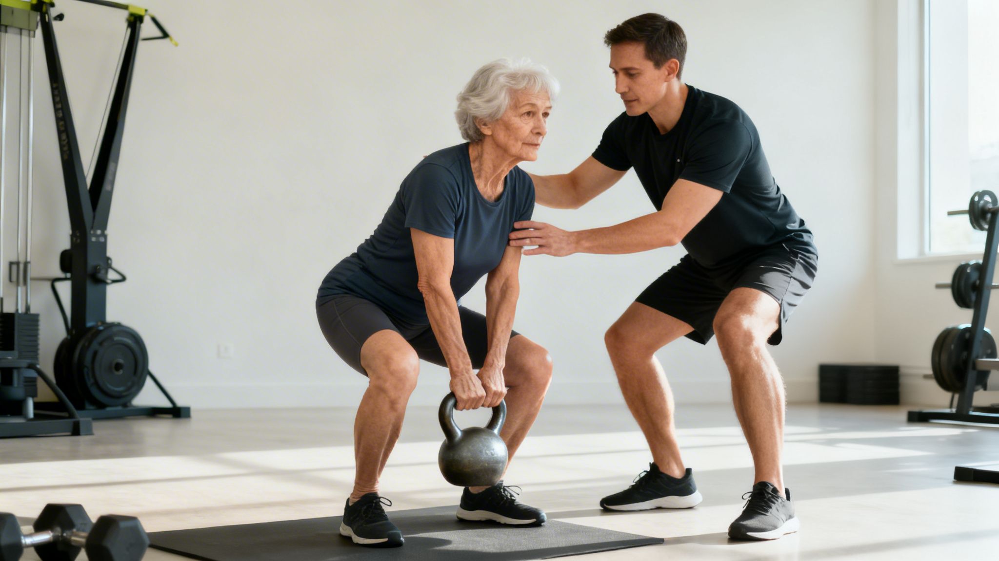Elderly woman training with kettlebell under the guidance of a male personal trainer in a gym.