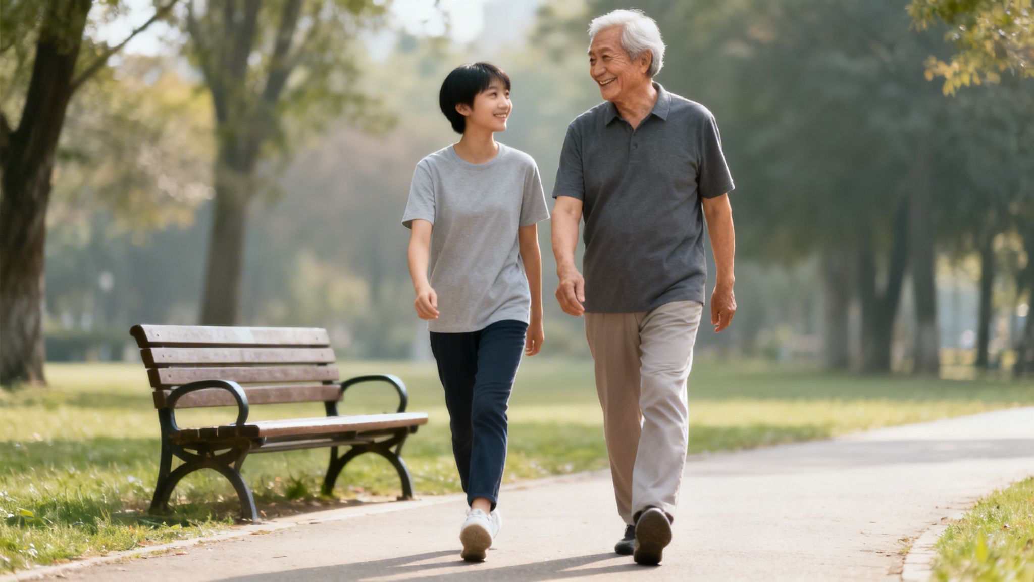 Smiling young woman and senior man walking together in a sunny park with trees and a bench.