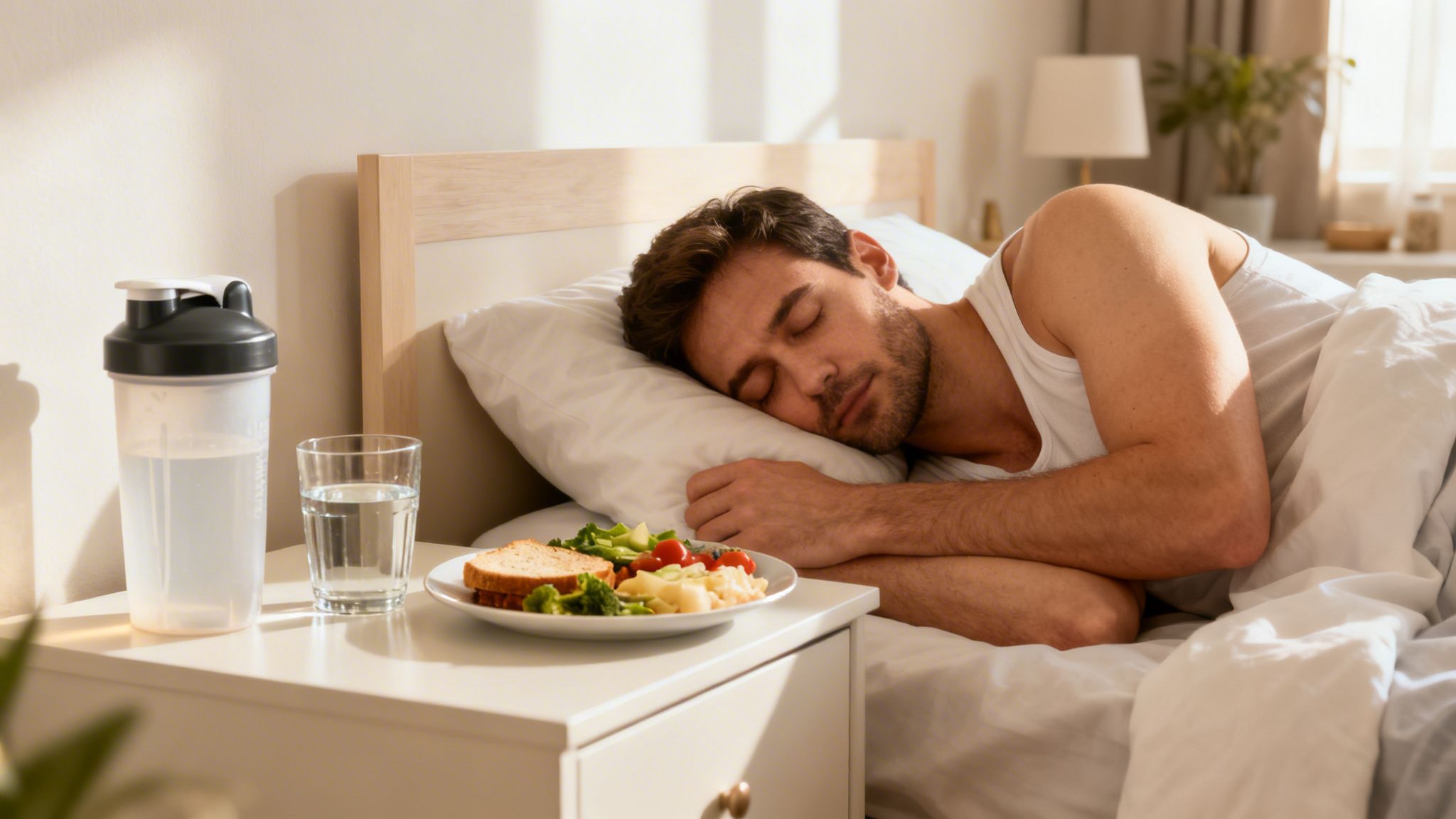Man sleeping soundly in bed, with a healthy meal and drinks on the nightstand.