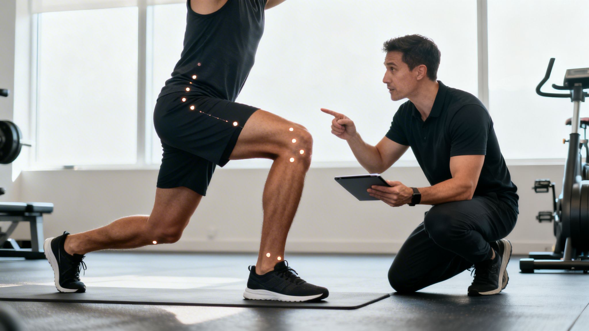 A personal trainer helps a man with his lunge exercise, using motion tracking technology in a gym.