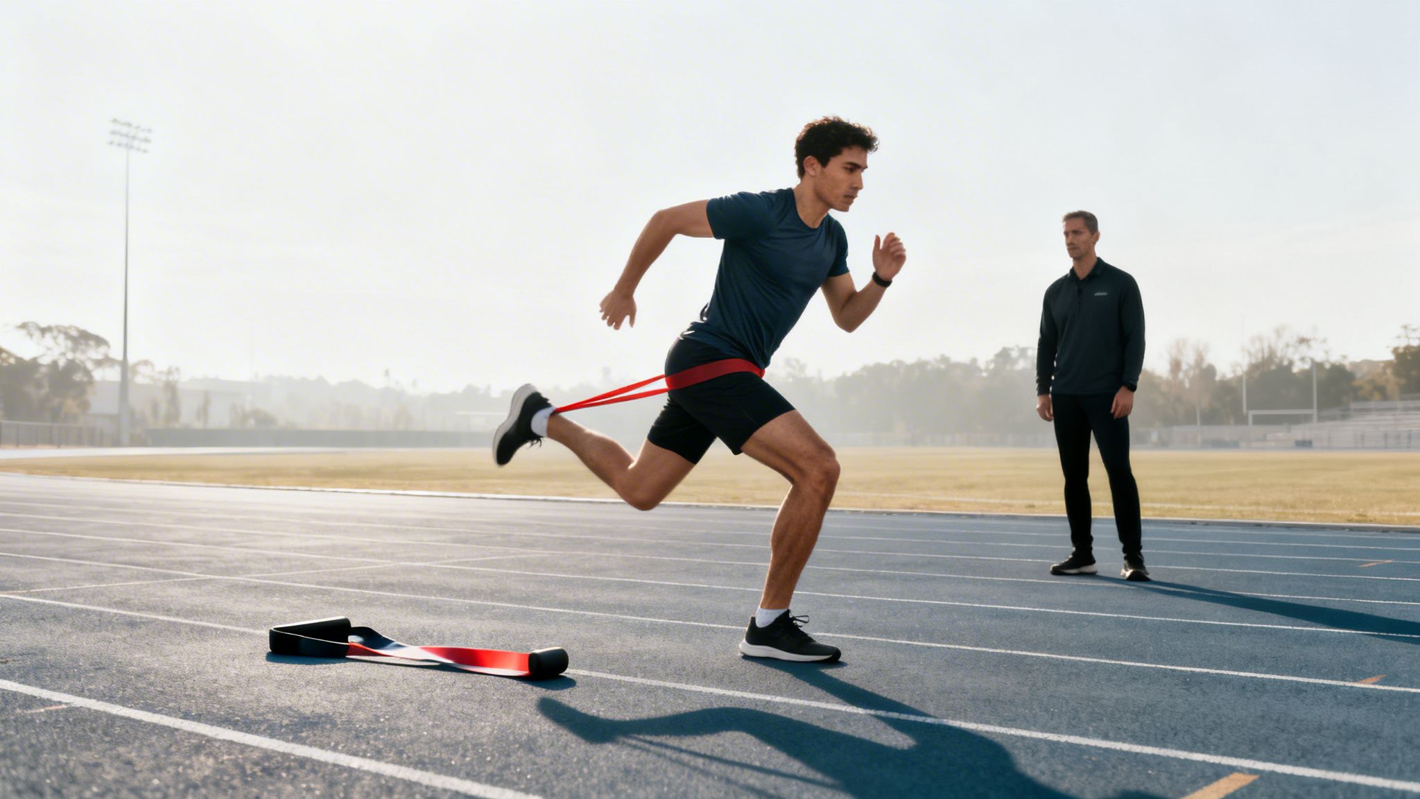 Athlete uses a resistance band for speed training on a blue track with a coach watching.