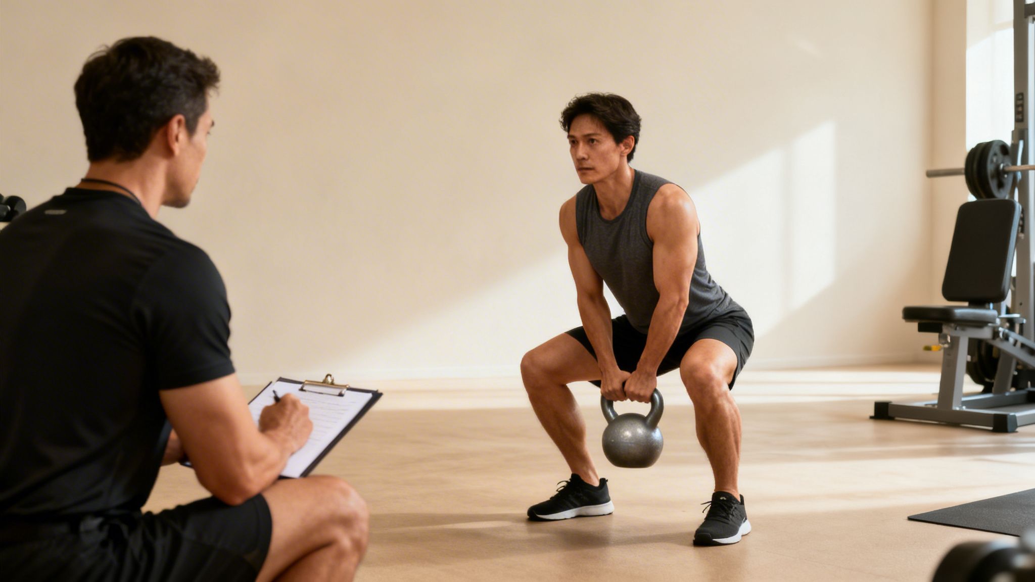 A personal trainer observes a man performing a man performing a kettlebell squat in a modern gym.