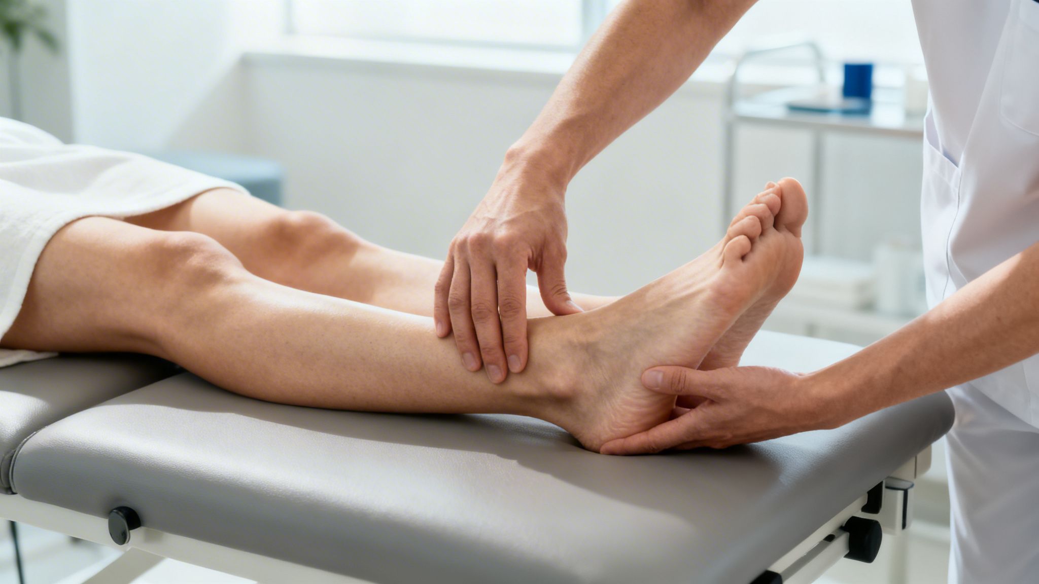 A therapist performs physical therapy on a patient's foot and ankle on a medical bed.