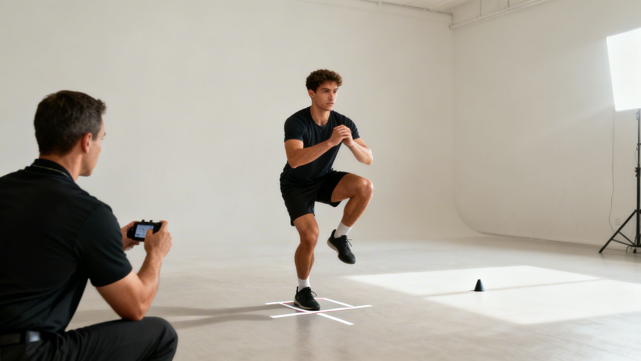 Man performing balance exercise while being filmed in a bright, minimalist studio setting.
