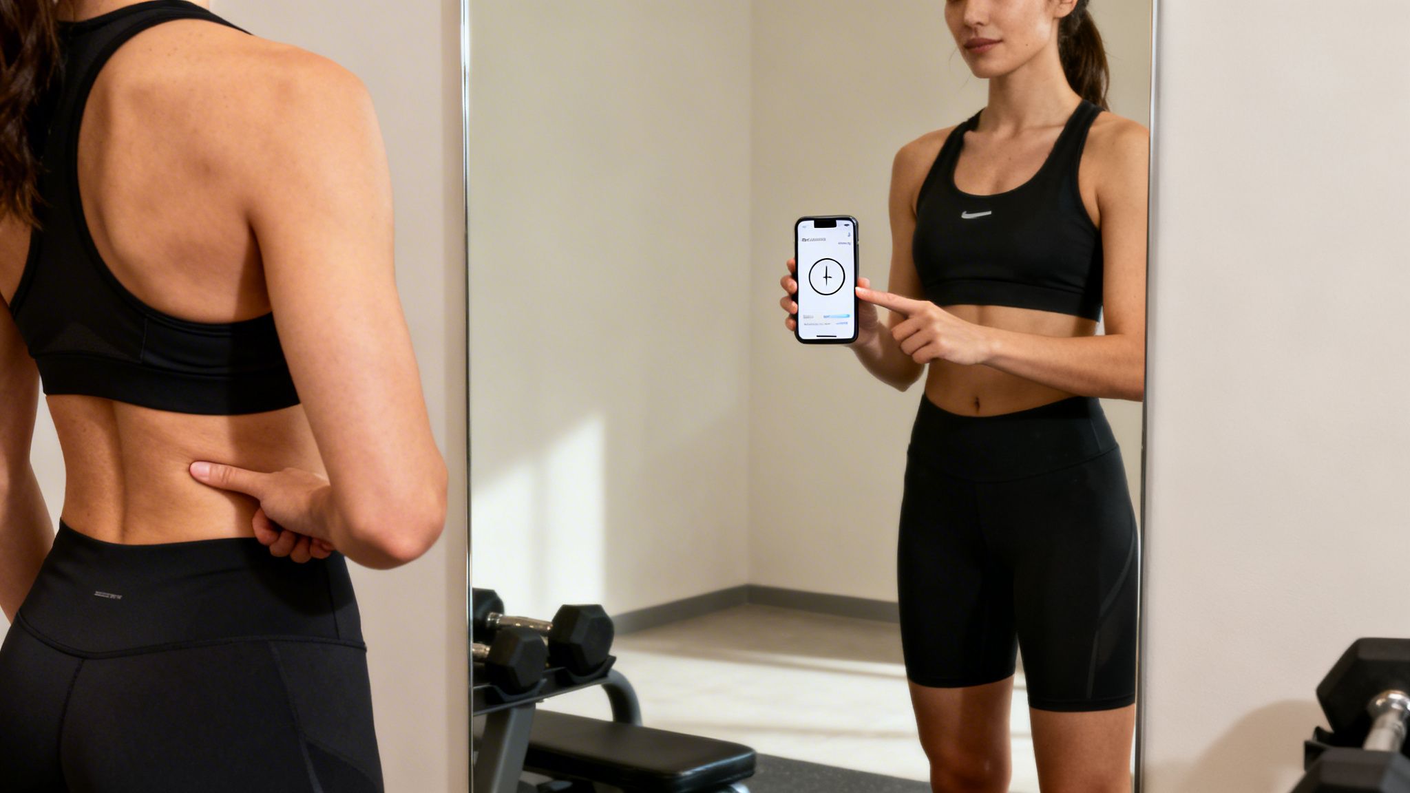 A woman in a gym mirror points to her lower back while using a fitness app on her phone.
