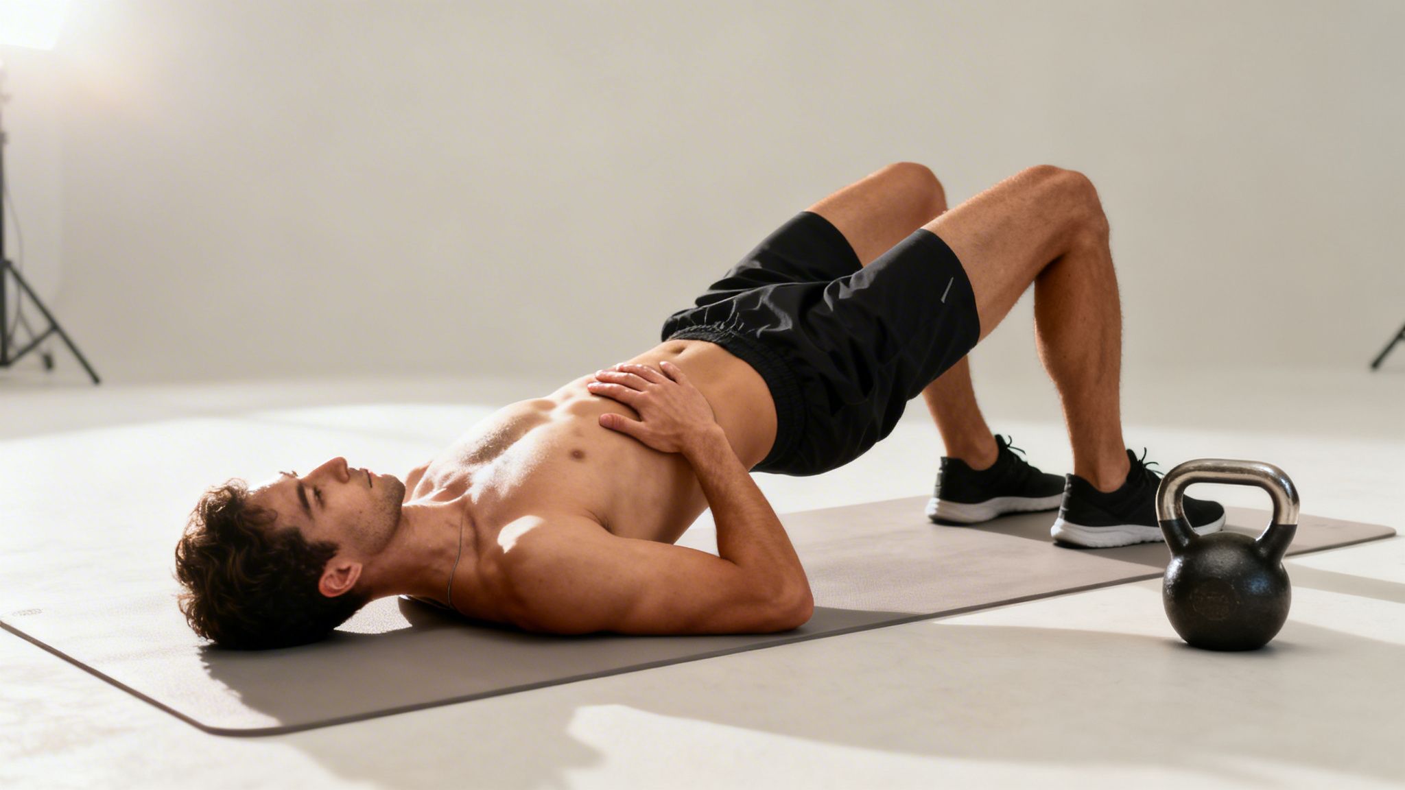 A shirtless man performing a glute bridge exercise on a yoga mat in a bright studio.