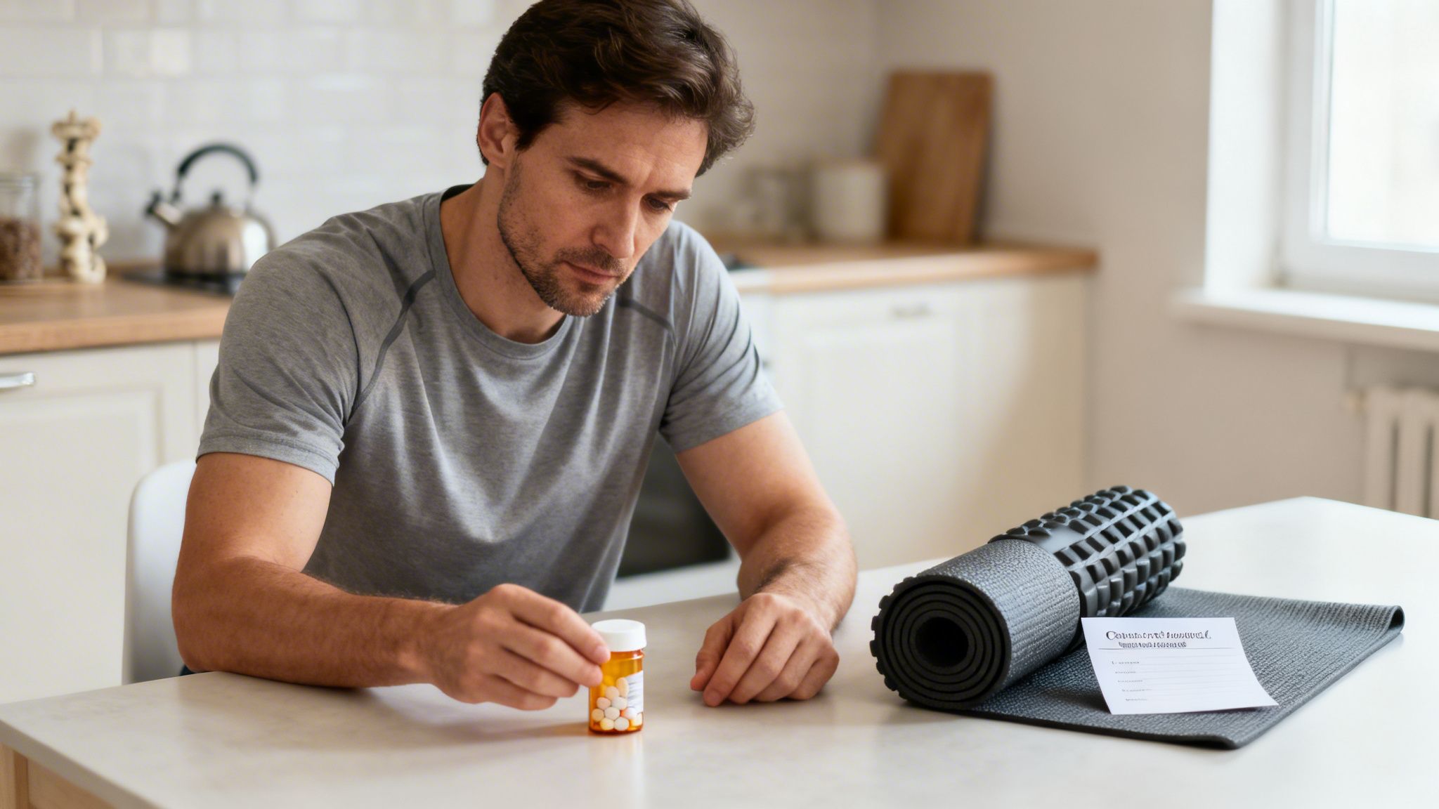 A man in a grey t-shirt holds a bottle of pills while looking at them, with a yoga mat and foam roller nearby.