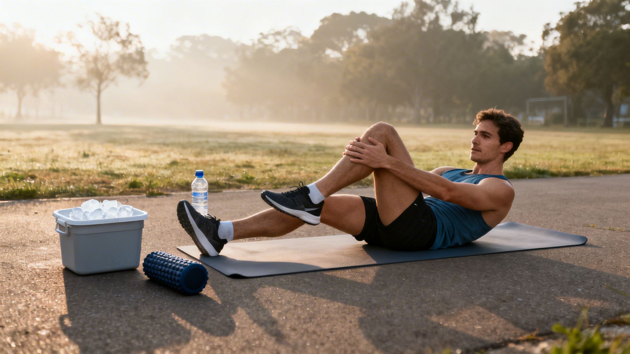 Man in activewear stretching on a yoga mat outdoors, with an ice cooler and water bottle nearby.
