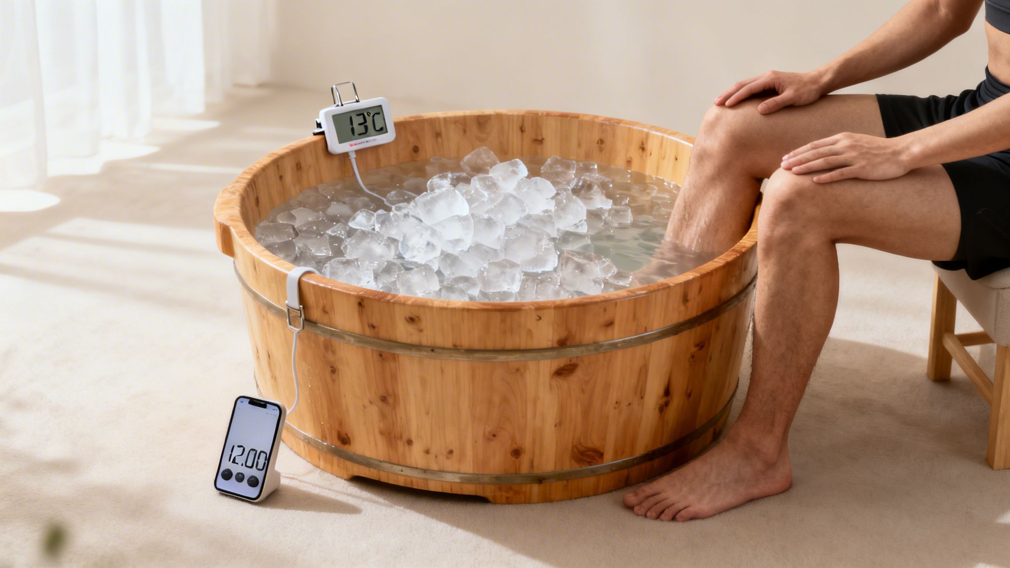 A person takes an ice bath, submerging their legs in a wooden tub filled with ice and water.