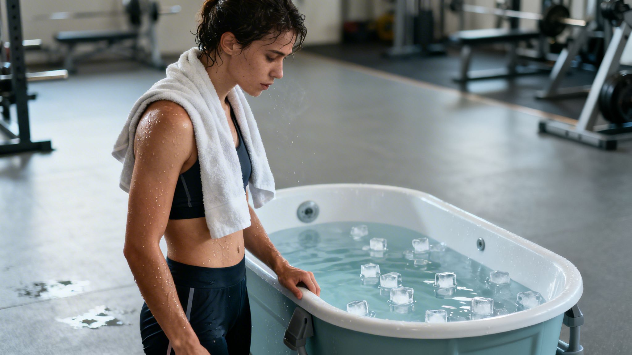 Sweaty athlete with a towel prepares for an ice bath after an intense workout in a gym.