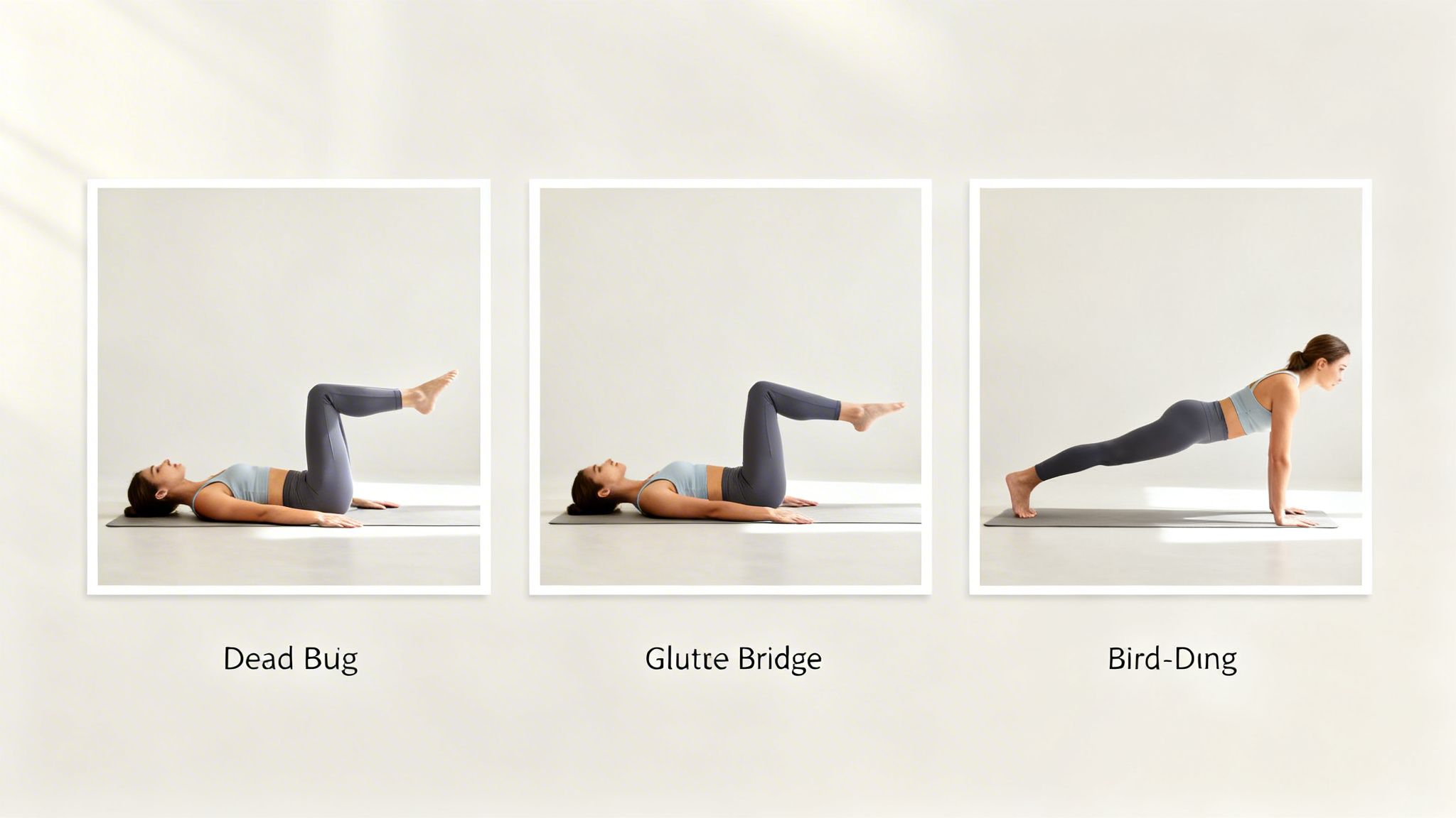 A woman demonstrates three core exercises: dead bug, supine leg lift, and a plank position.