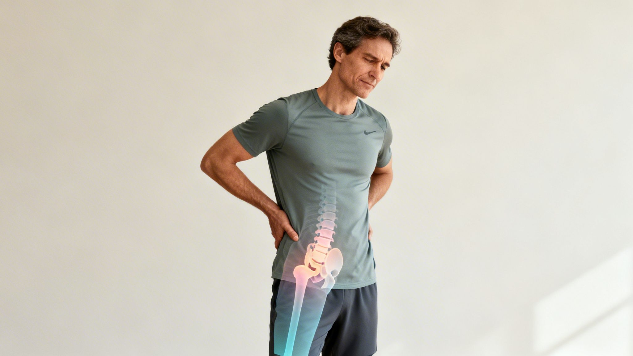Middle-aged man experiencing lower back and hip pain, with a skeletal overlay highlighting the affected joints.