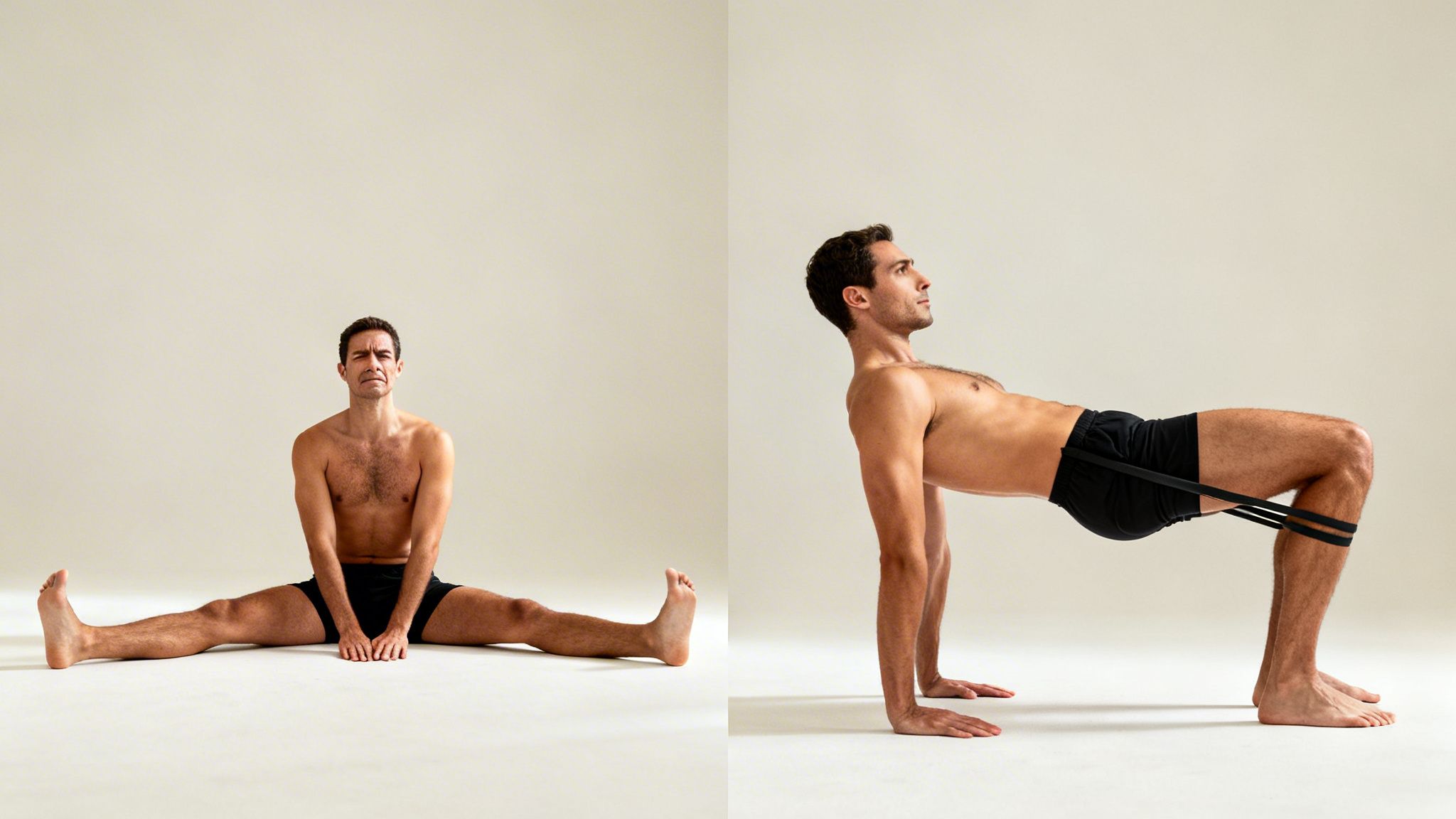 Two men perform hip flexibility and strength exercises: a straddle stretch and a banded glute bridge.