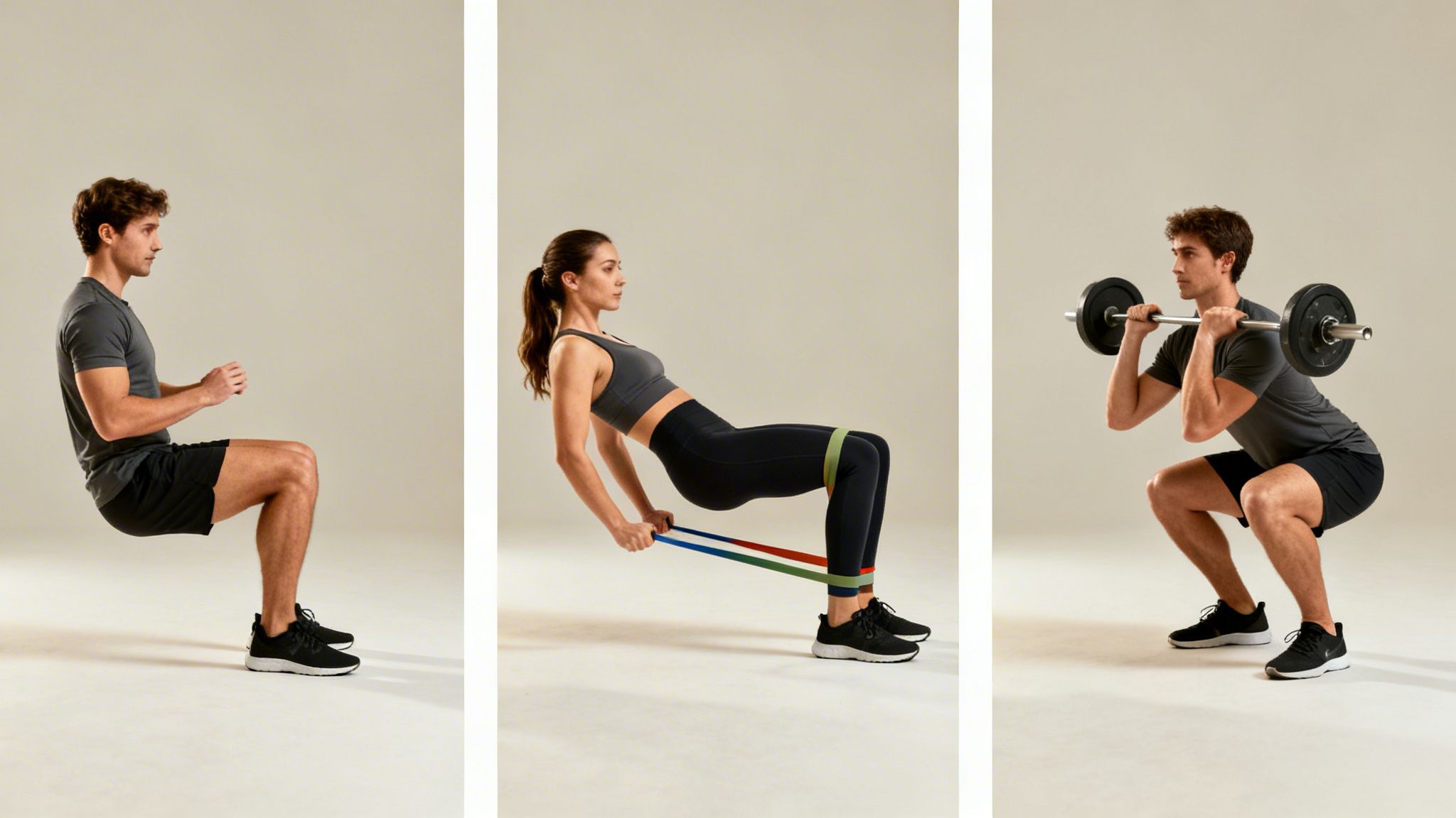Three individuals demonstrate different leg and glute exercises: wall sit, resistance band glute bridge, and barbell front squat.