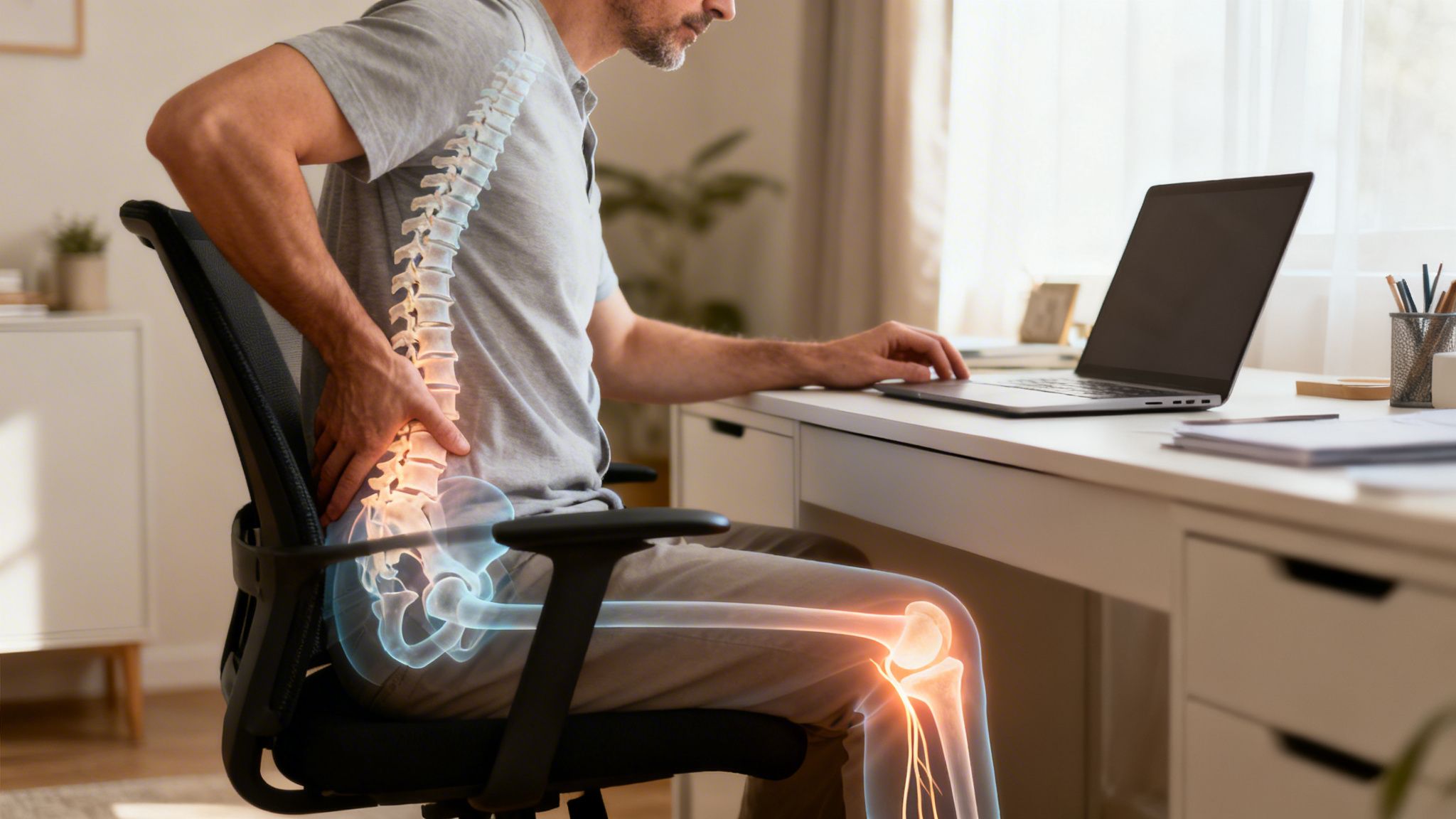 Digital overlay shows a man with lower back and knee pain from poor posture at his desk.