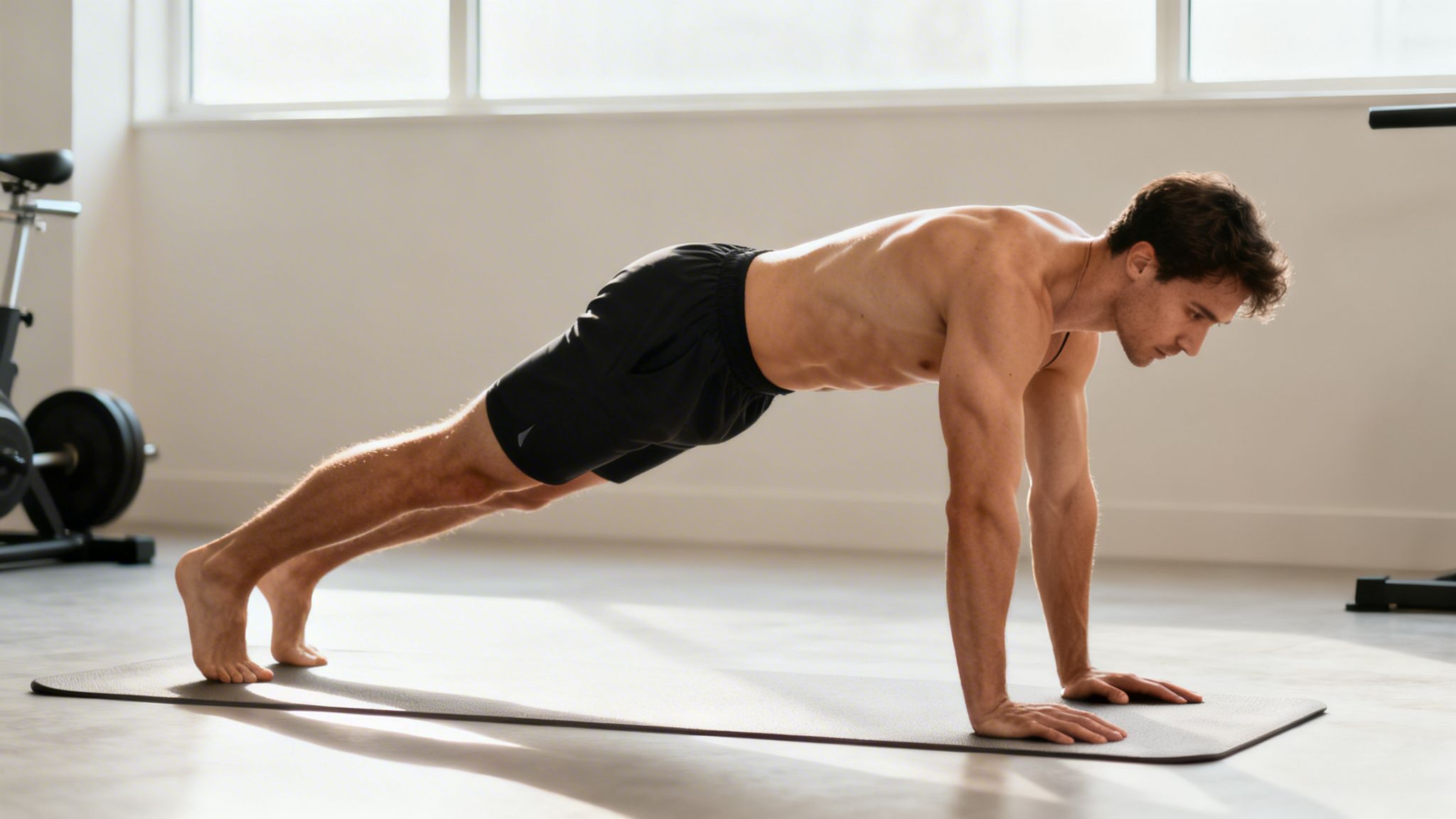 A focused shirtless man performing a plank exercise on a mat in a bright gym setting.
