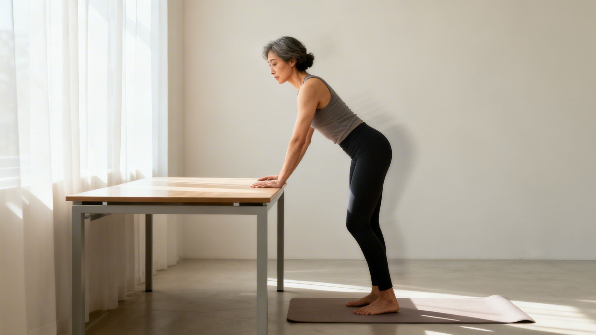 An Asian woman in activewear performs a table stretch, leaning on a wooden table on a yoga mat.