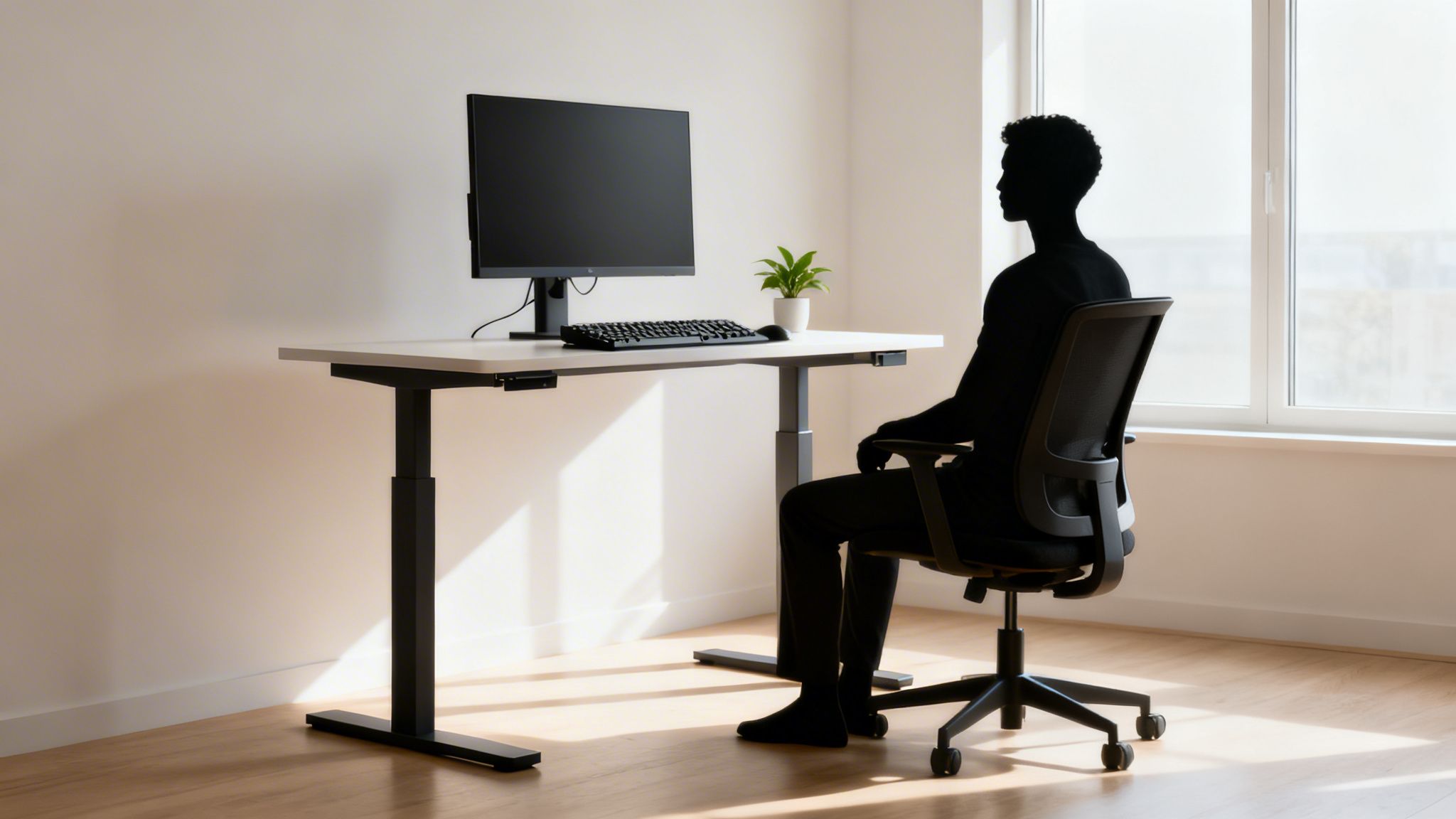 A person's silhouette is seated at a modern standing desk with a computer and plant.