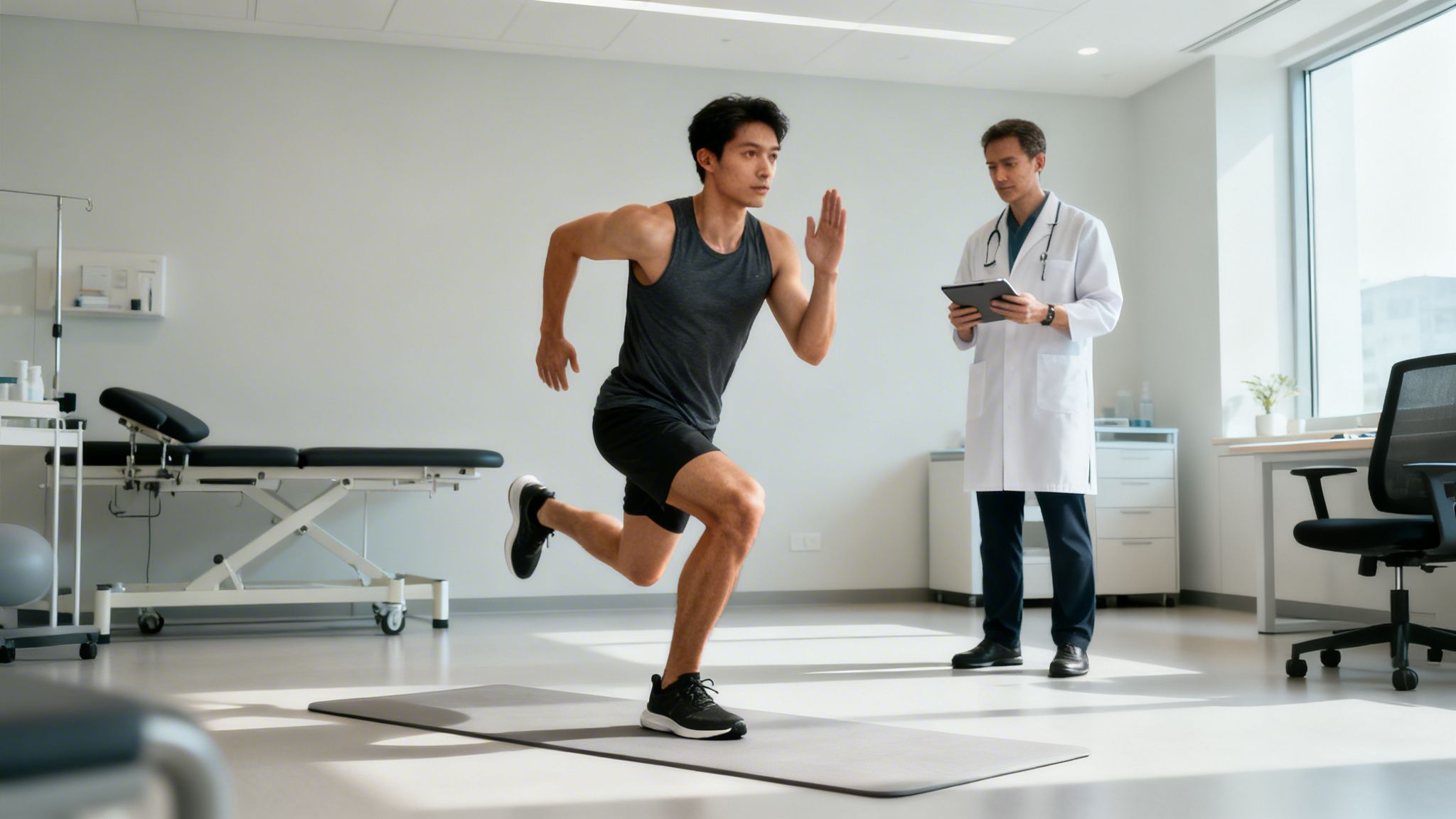 A man in athletic wear performs dynamic exercise on a mat, observed by a doctor in a clinic.