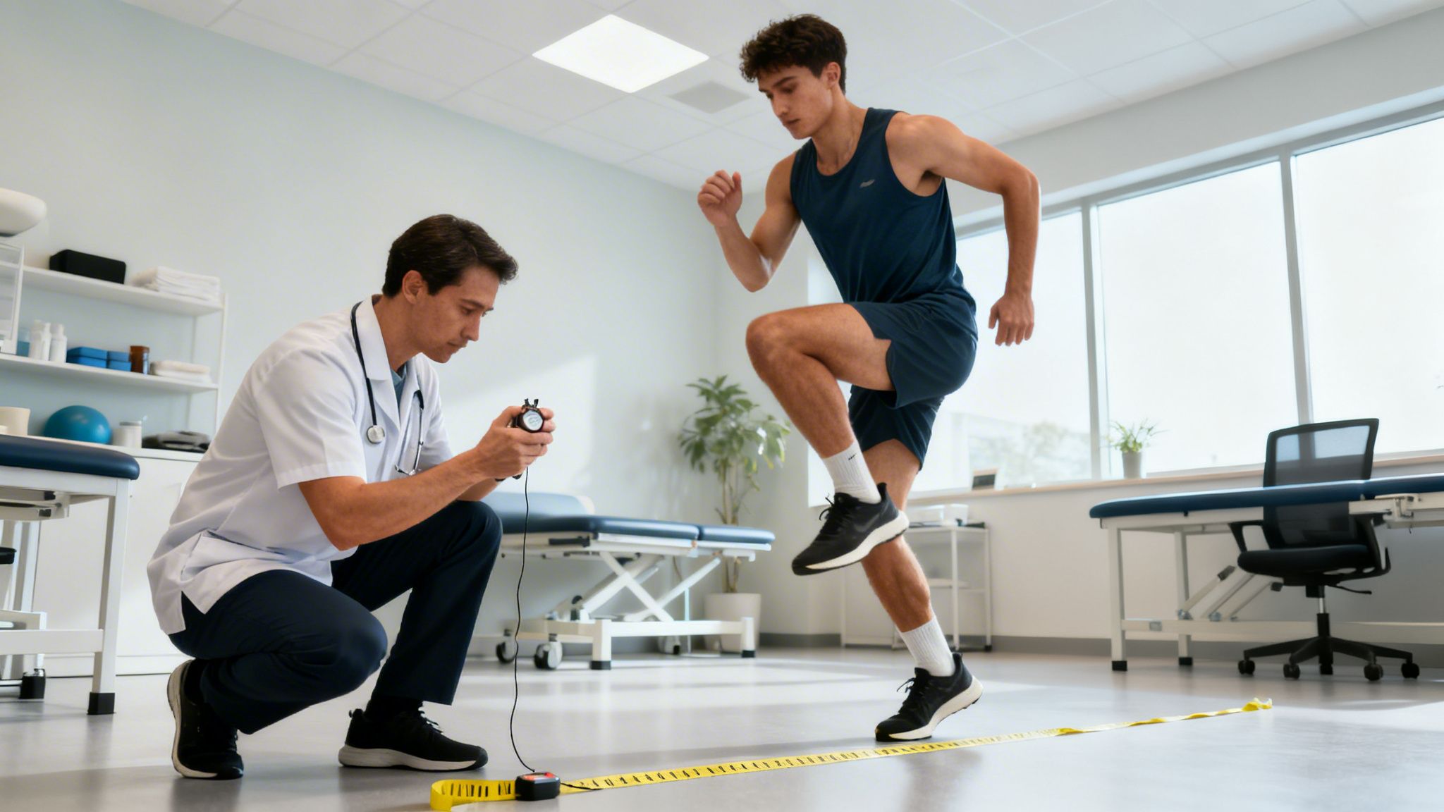 A physical therapist times an athlete performing a dynamic leg exercise during rehabilitation.