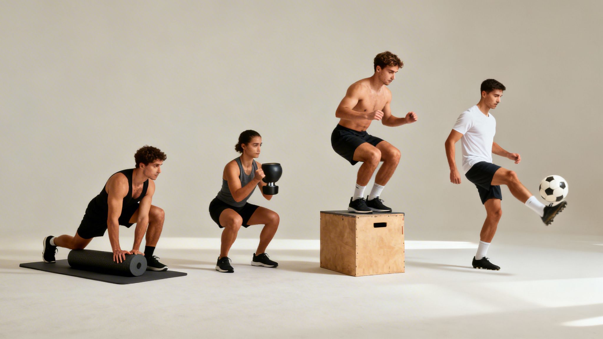 Four individuals demonstrate various physical therapy exercises for return to sport training.