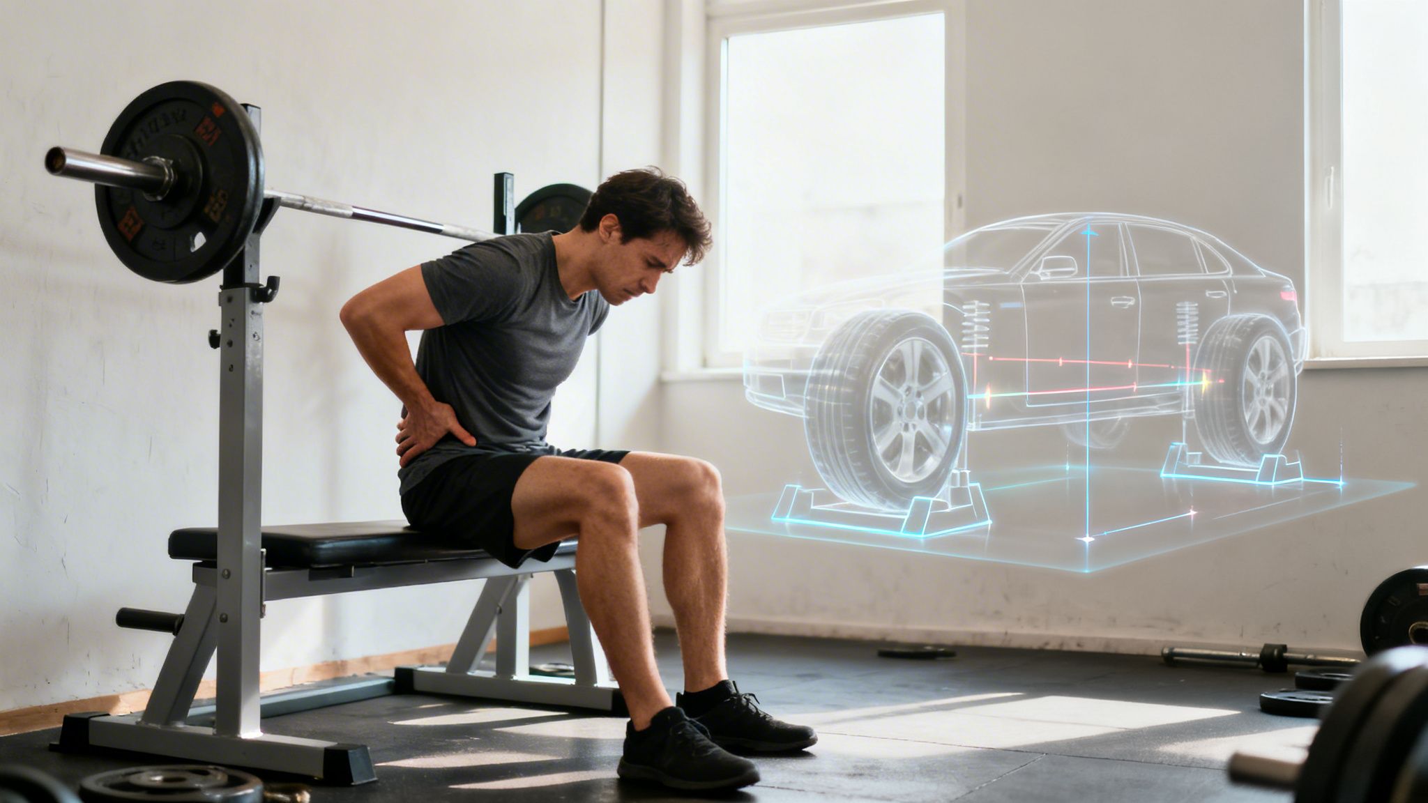 A man in a gym experiencing back pain, with a detailed holographic car projection beside him.