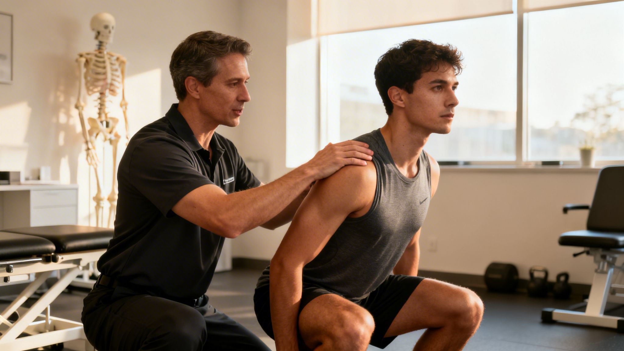A chiropractor assists a young male patient with a squat exercise during a chiropractic session.